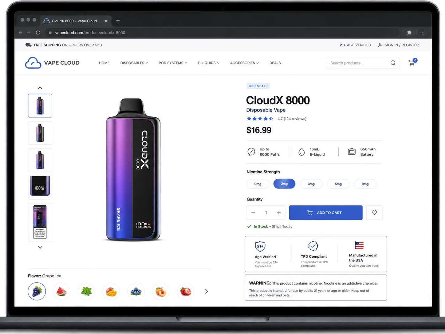A screenshot of a well-designed product page for a vape, showing clear nicotine information