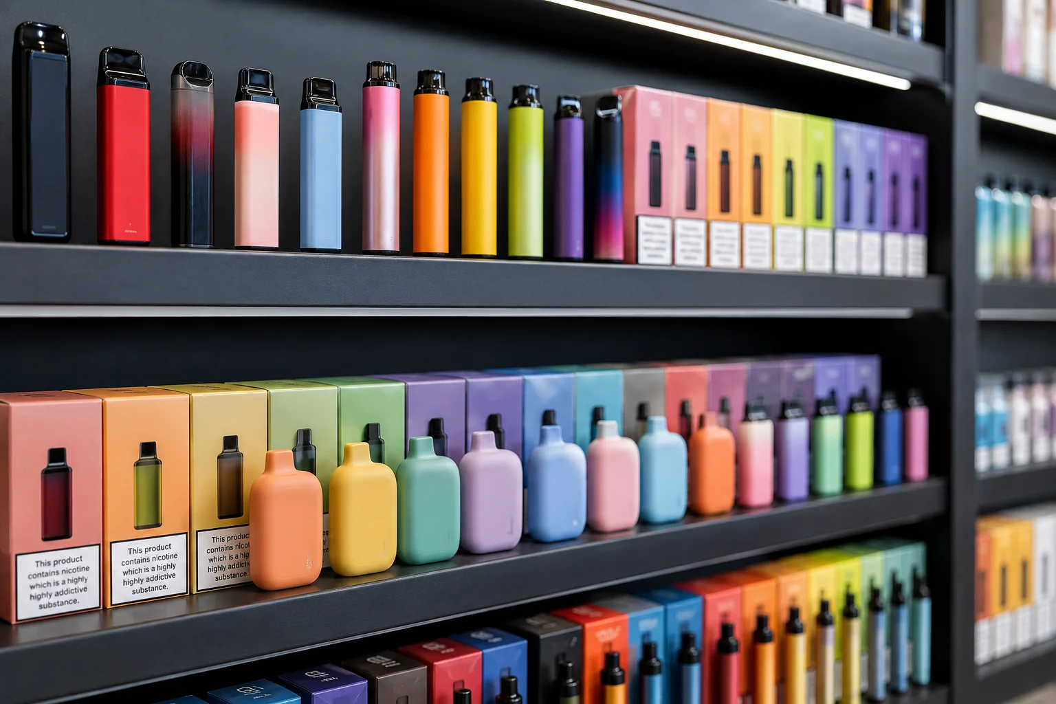 A variety of disposable vapes on a shelf