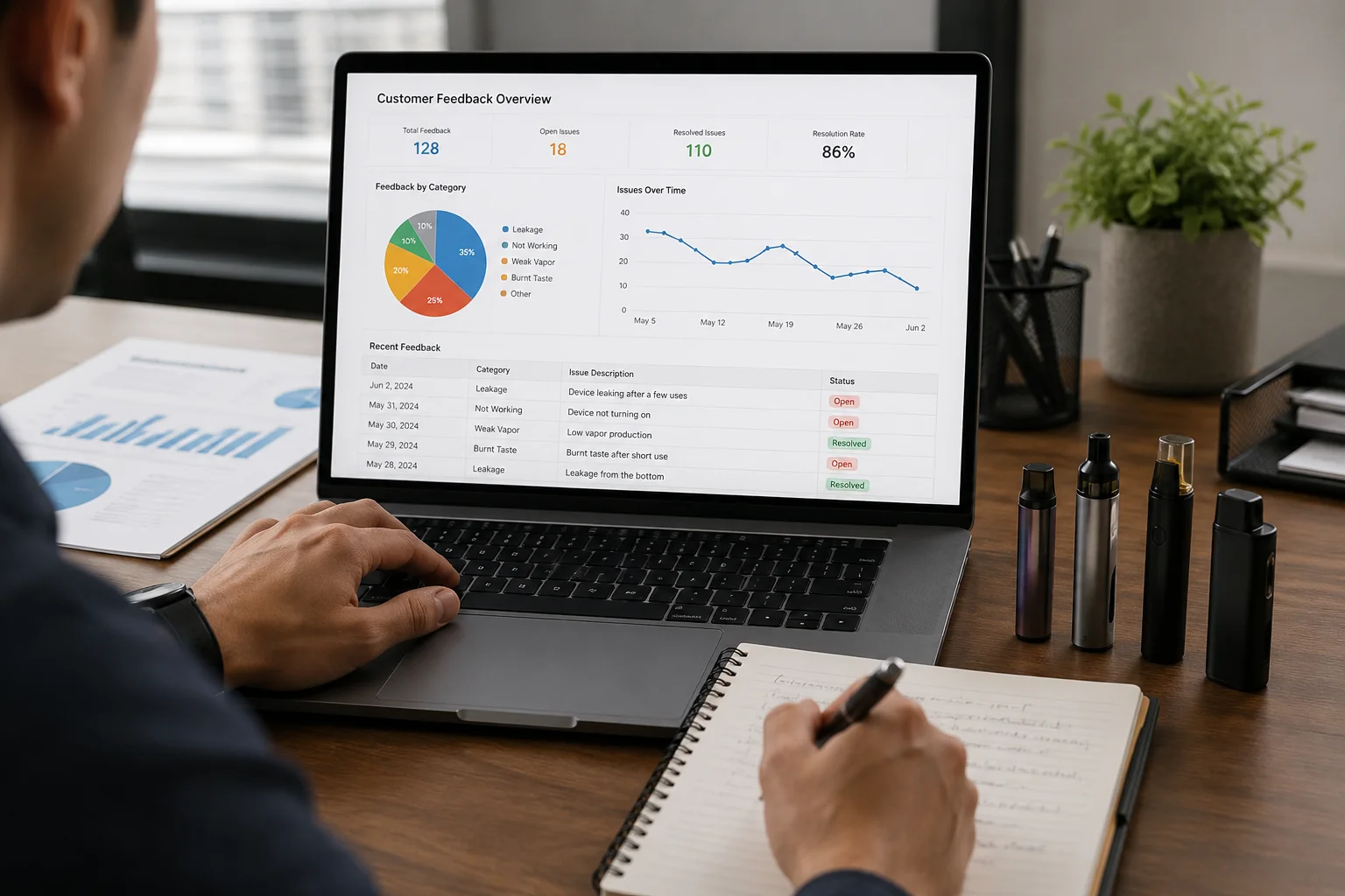 Tracking Customer Feedback for Quality Control A spreadsheet tracking customer feedback and vape issues