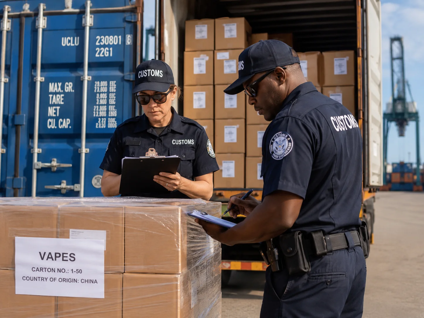 Smooth Customs Clearance for Vapes Customs officers inspecting a cargo shipment with clipboards