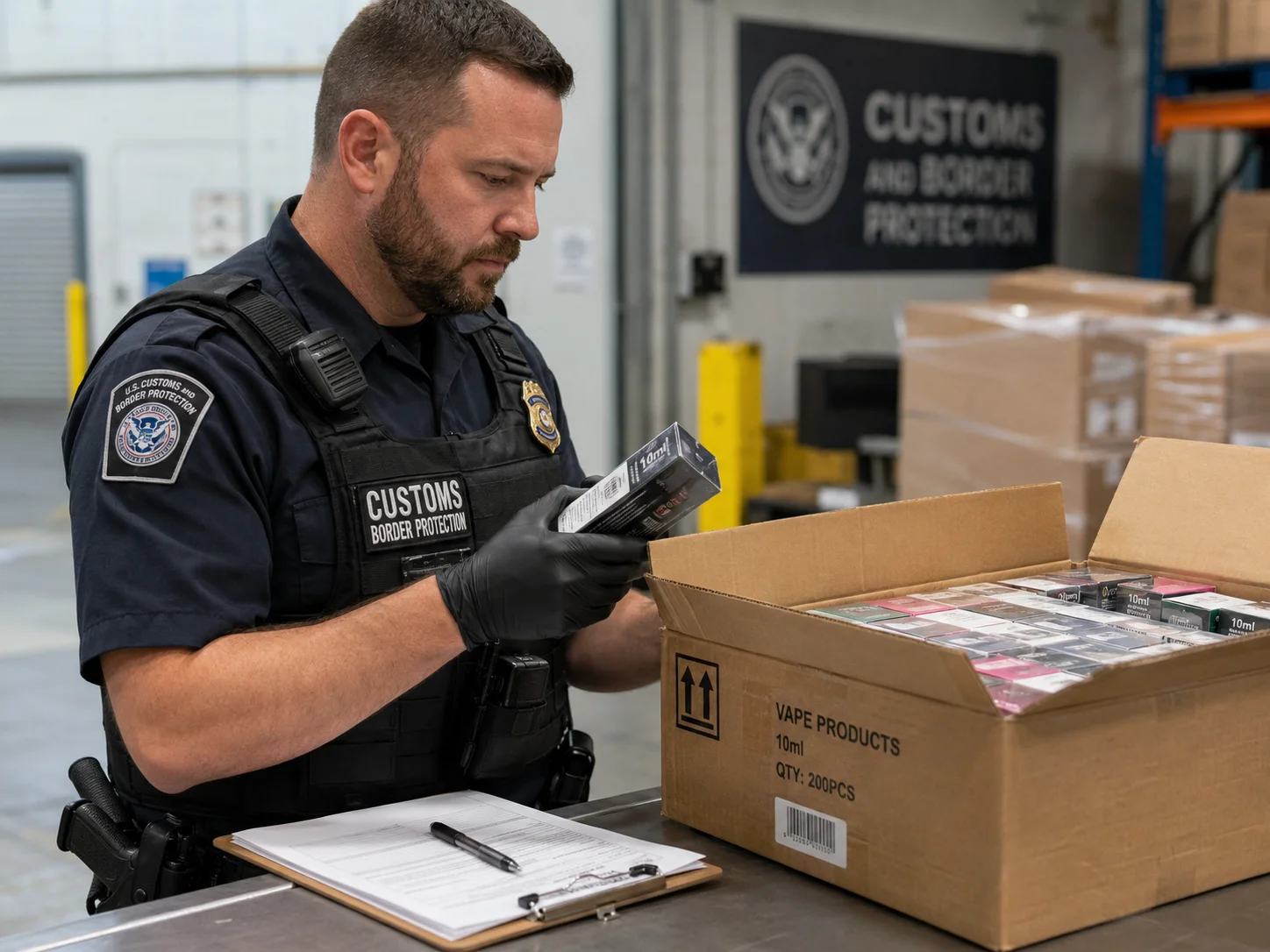 A customs officer wearing a uniform inspects a box labeled 'vape products' with various packaged items in a customs warehouse.