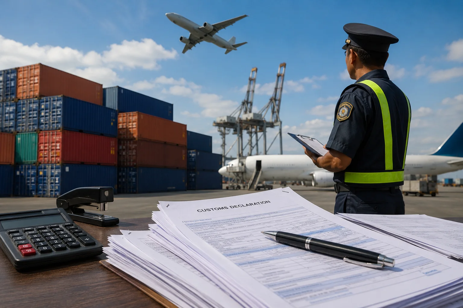 Shipping containers and airplanes with customs documents