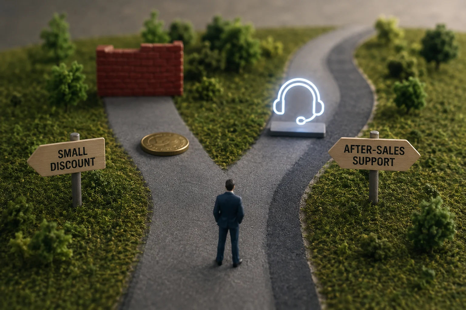 Vape After-Sales Policy vs. Small Discount Two paths: one leads to a small discount coin and a dead end, the other leads to an after-sales support icon and a clear path forward.