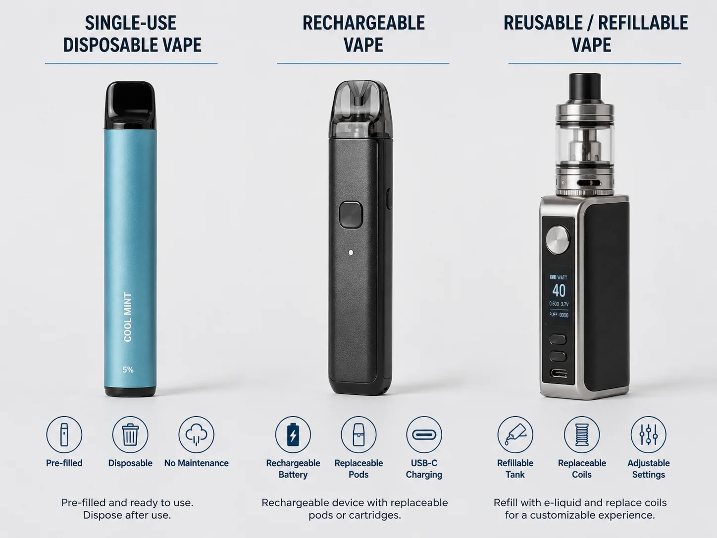Image showing a comparison of three vape types: a single-use disposable vape, a rechargeable vape with replaceable pods, and a reusable refillable vape with adjustable settings.