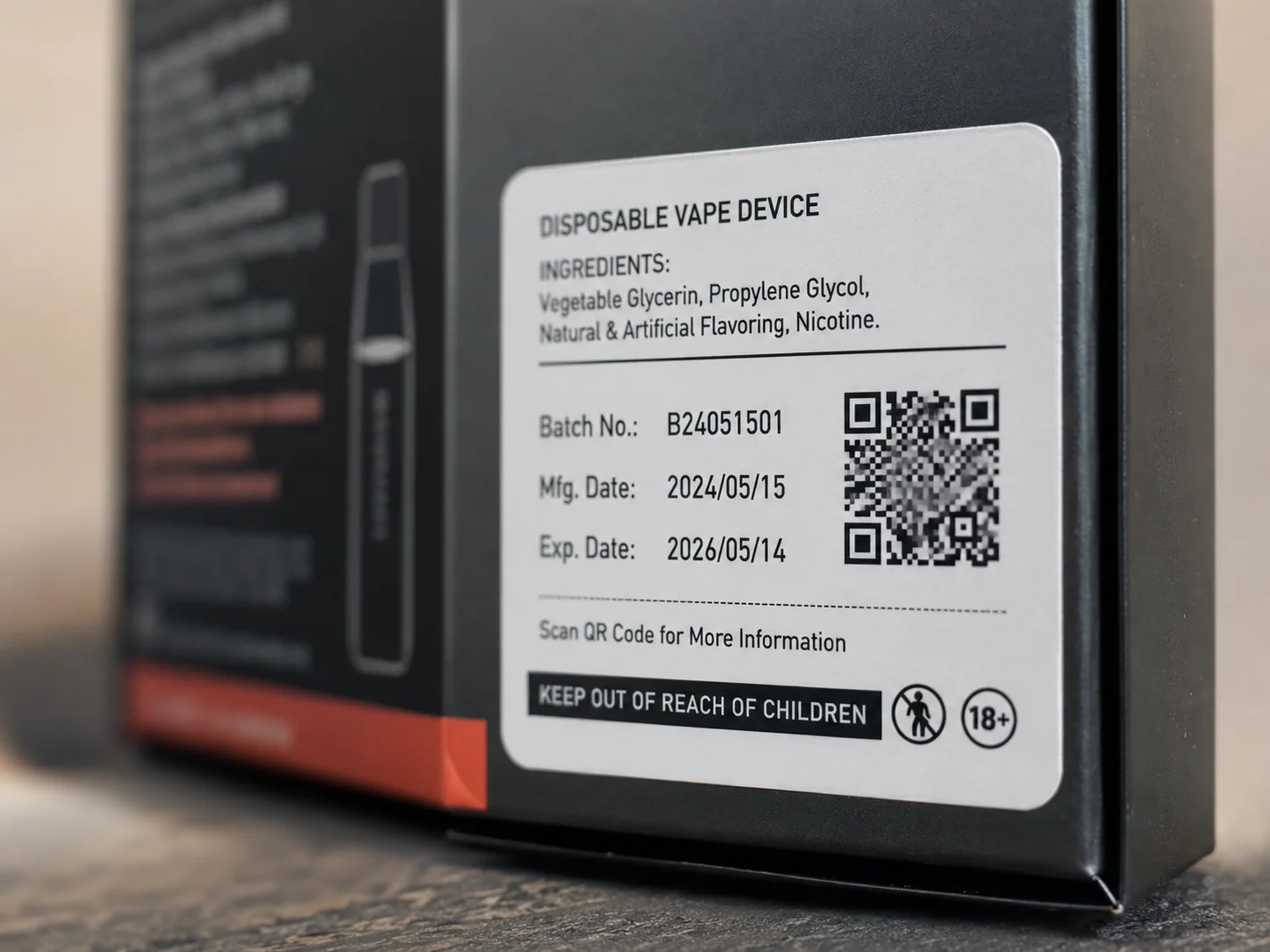 Vape Product Batch Numbers and QR Codes A detailed view of a product label showing a batch number and a QR code