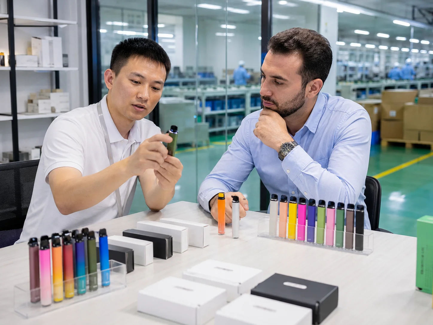 Two individuals discussing various brightly colored disposable vapes and packaging samples in a factory setting.