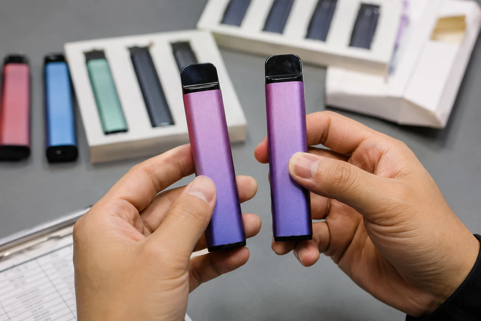 Checking Vape Batch Consistency A person inspecting two disposable vapes for consistency
