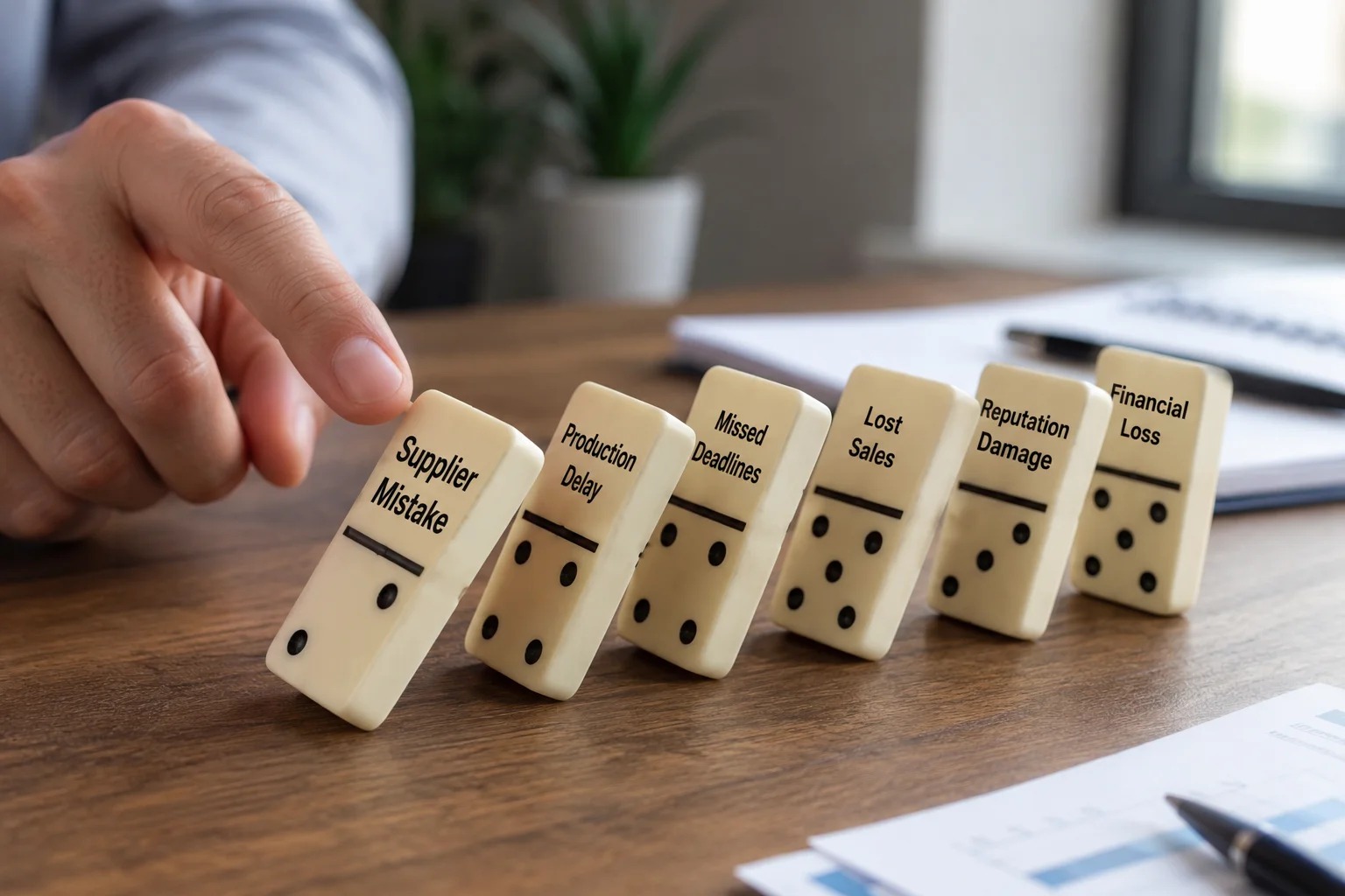 Domino Effect of Supplier Mistakes on Small Business A line of dominoes falling, starting with a "Supplier Mistake" domino.