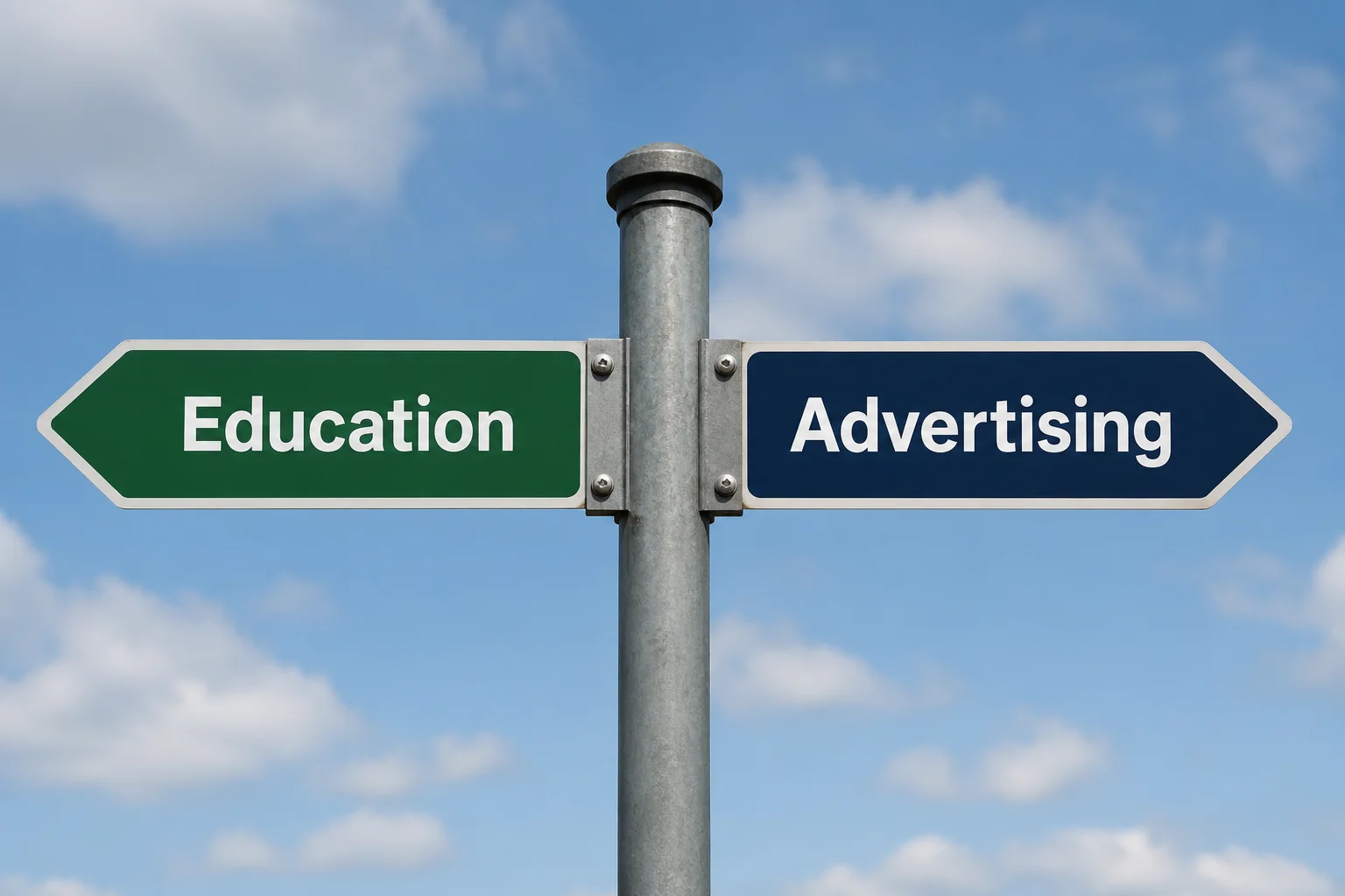 Education vs Advertising Distinction A signpost with two arrows pointing in opposite directions, one labeled "Education" and the other "Advertising"