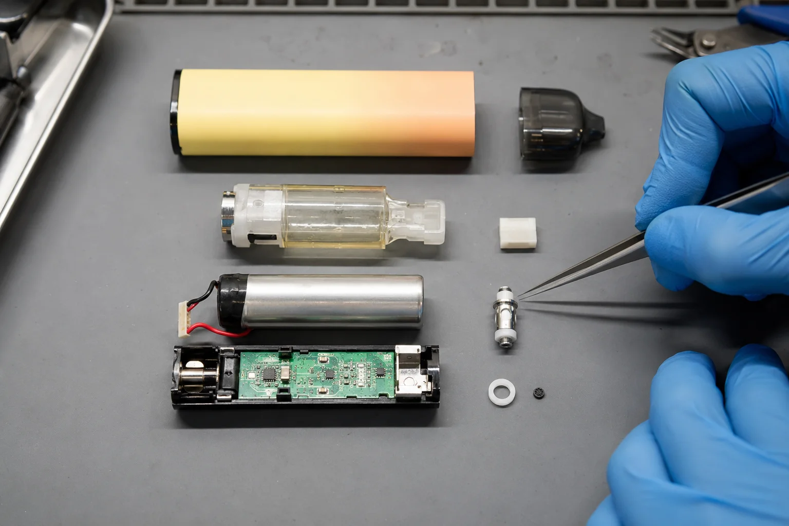 Disassembled electronic cigarette components on a gray surface, including battery, circuit board, and coils, with gloved hands using tweezers.