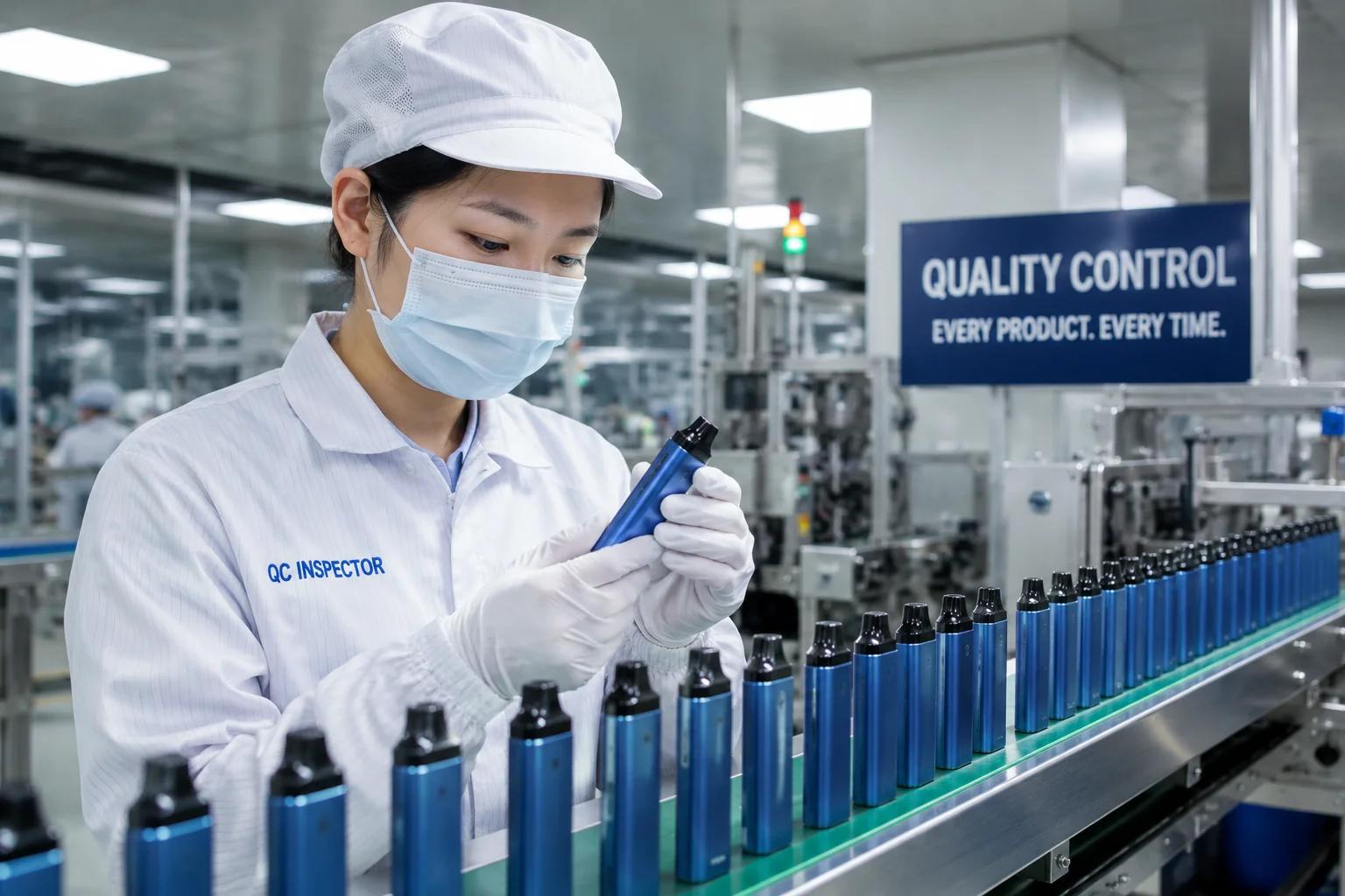 A quality control inspector checking vapes on a production line