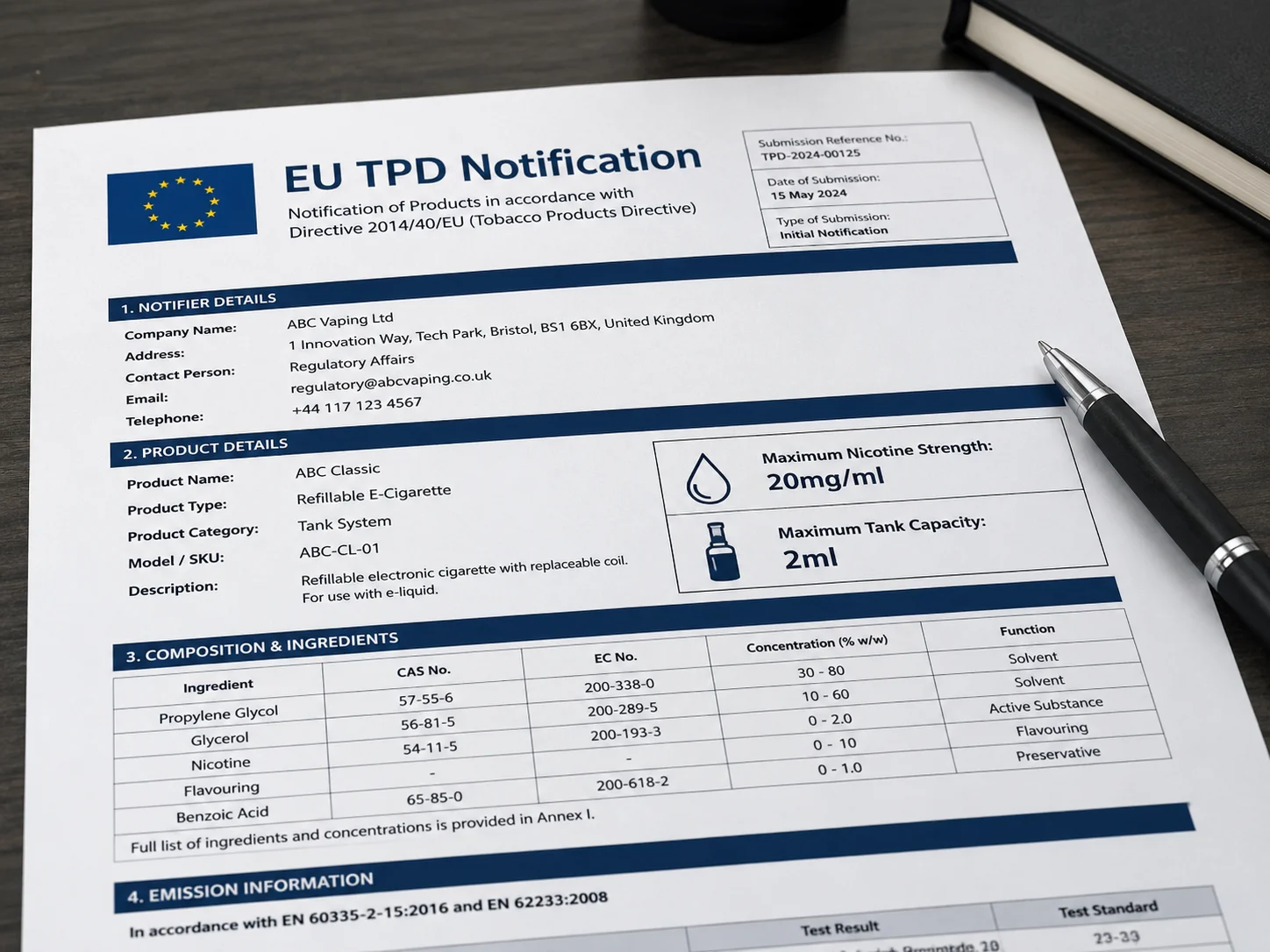 An EU TPD notification document showing nicotine limits