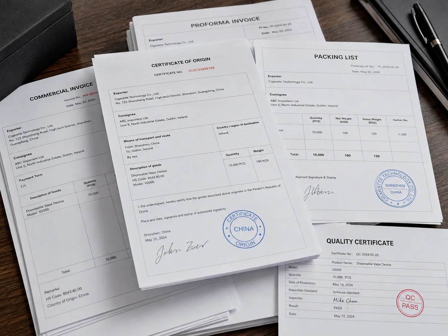 Essential Vape Supplier Documents A stack of official-looking business documents with stamps and signatures