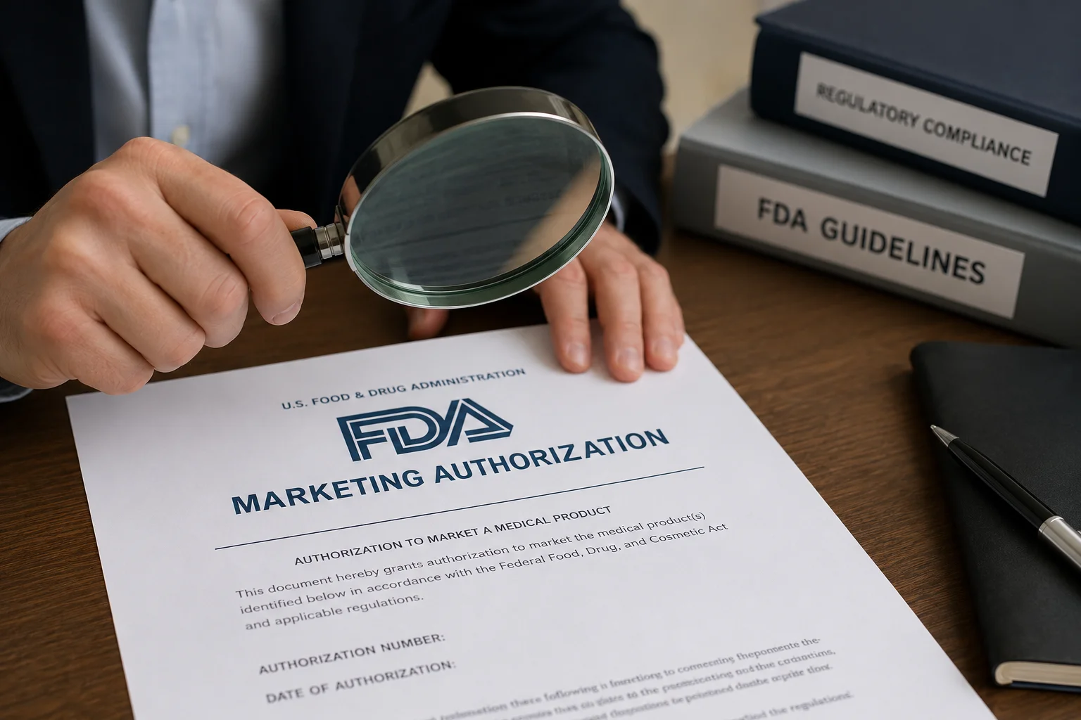 Verifying FDA Marketing Authorization A person using a magnifying glass to inspect an official document