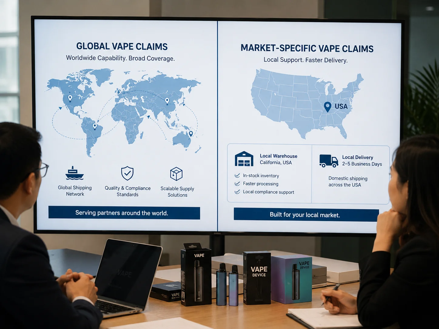 Two professionals discussing global and market-specific vape logistics displayed on screen, showing global shipping networks and USA-specific delivery details.