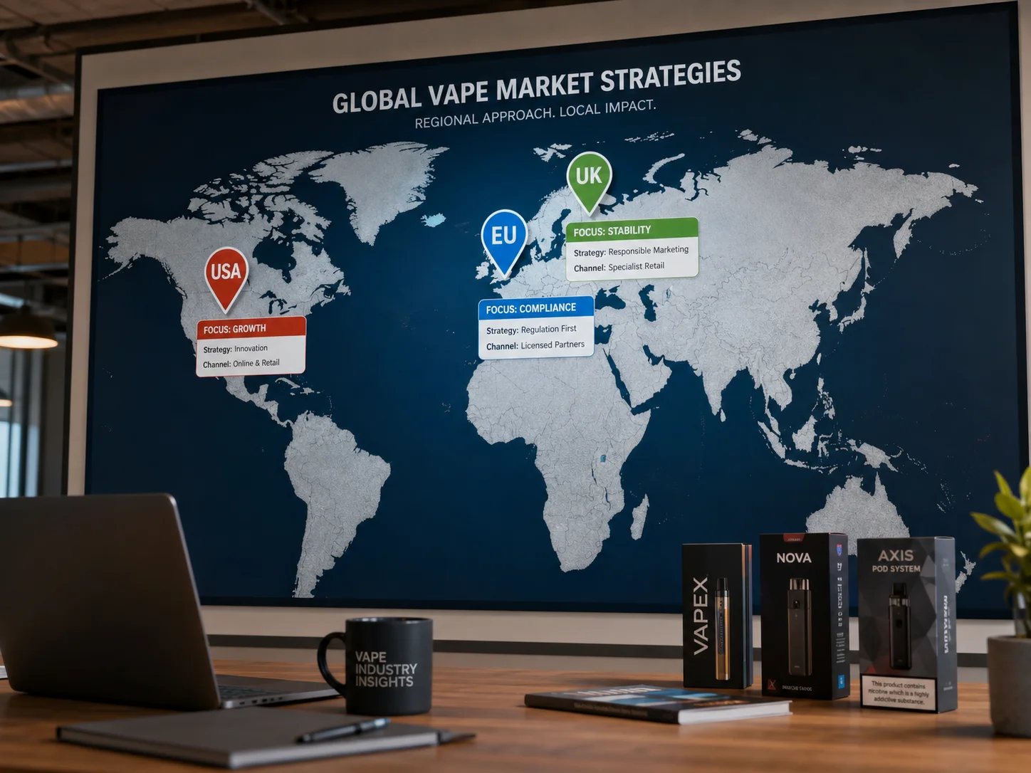 A presentation board titled 'Global Vape Market Strategies' with regional focus points for the USA, EU, and UK. Below is a desk featuring a laptop, a branded mug reading 'Vape Industry Insights,' a notebook, and vape product packages including Vapex, Nova, and Axis Pod System.