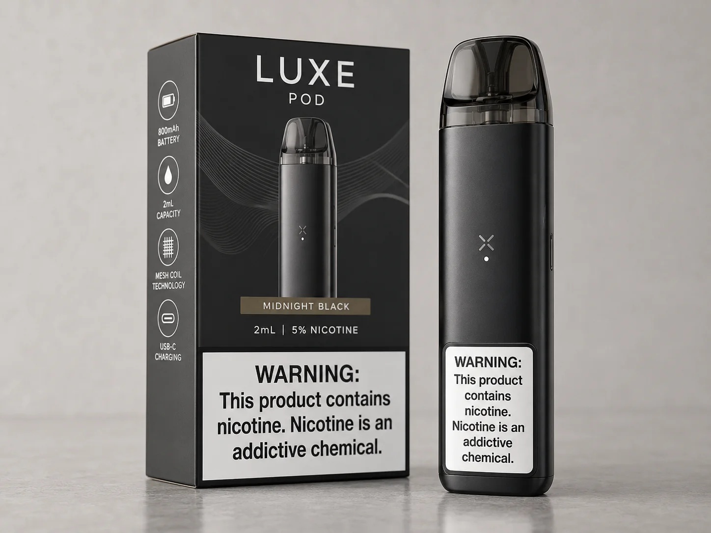 A proper nicotine warning label on a vape product