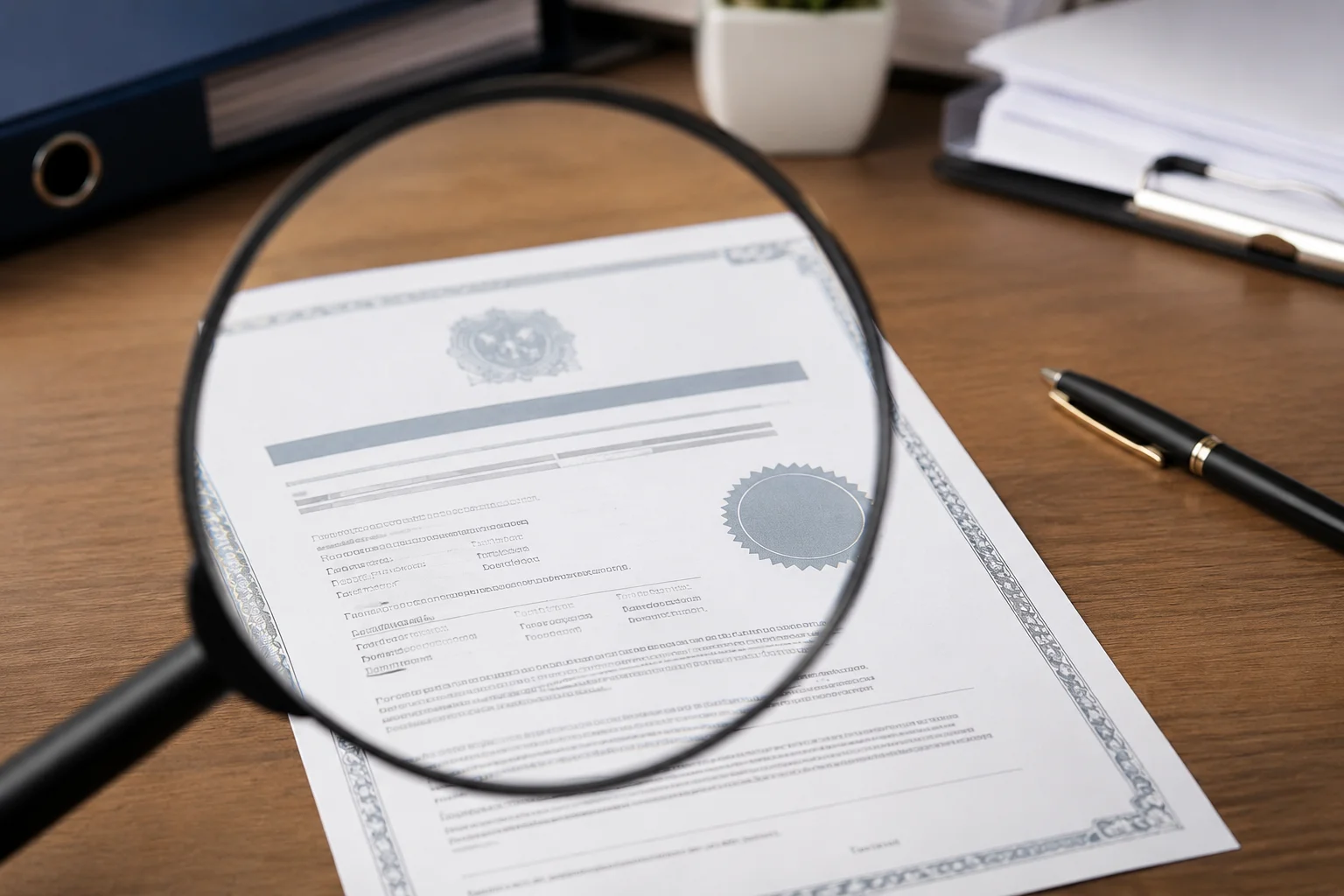 A magnifying glass over a company document