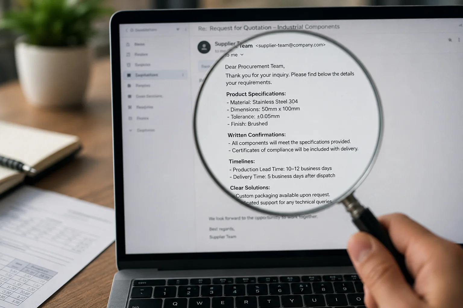 A magnifying glass focused on a formal business email displayed on a laptop screen, detailing procurement specifications and timelines.