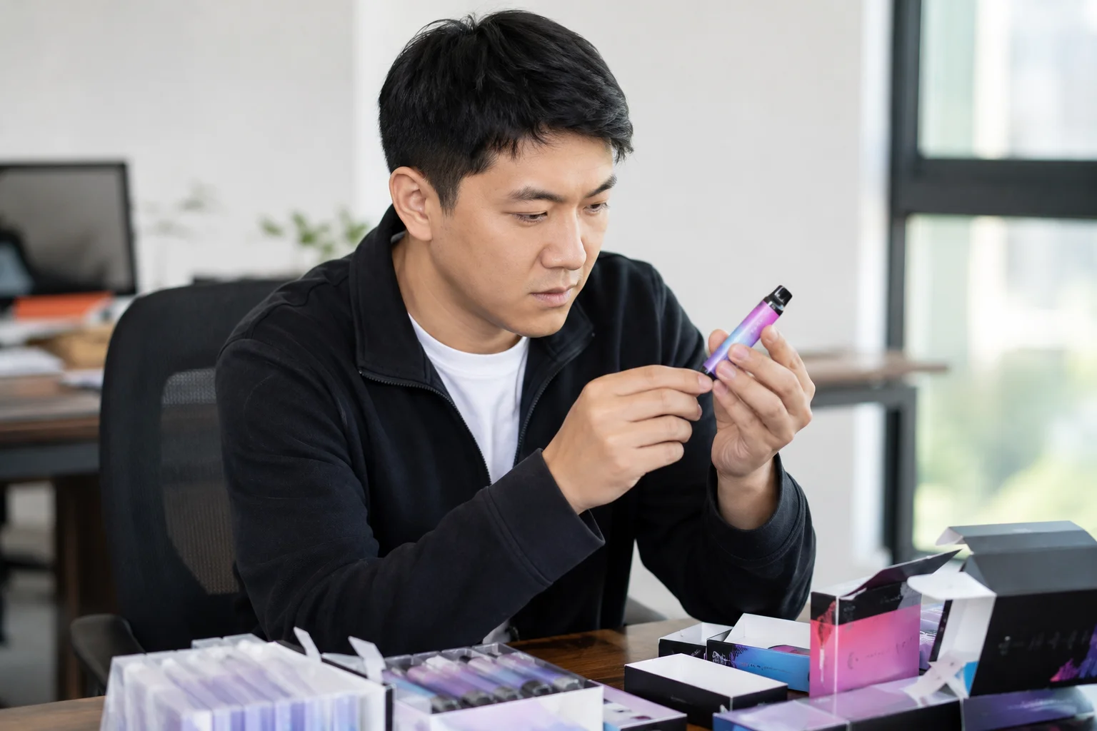 A person inspecting a vape product closely