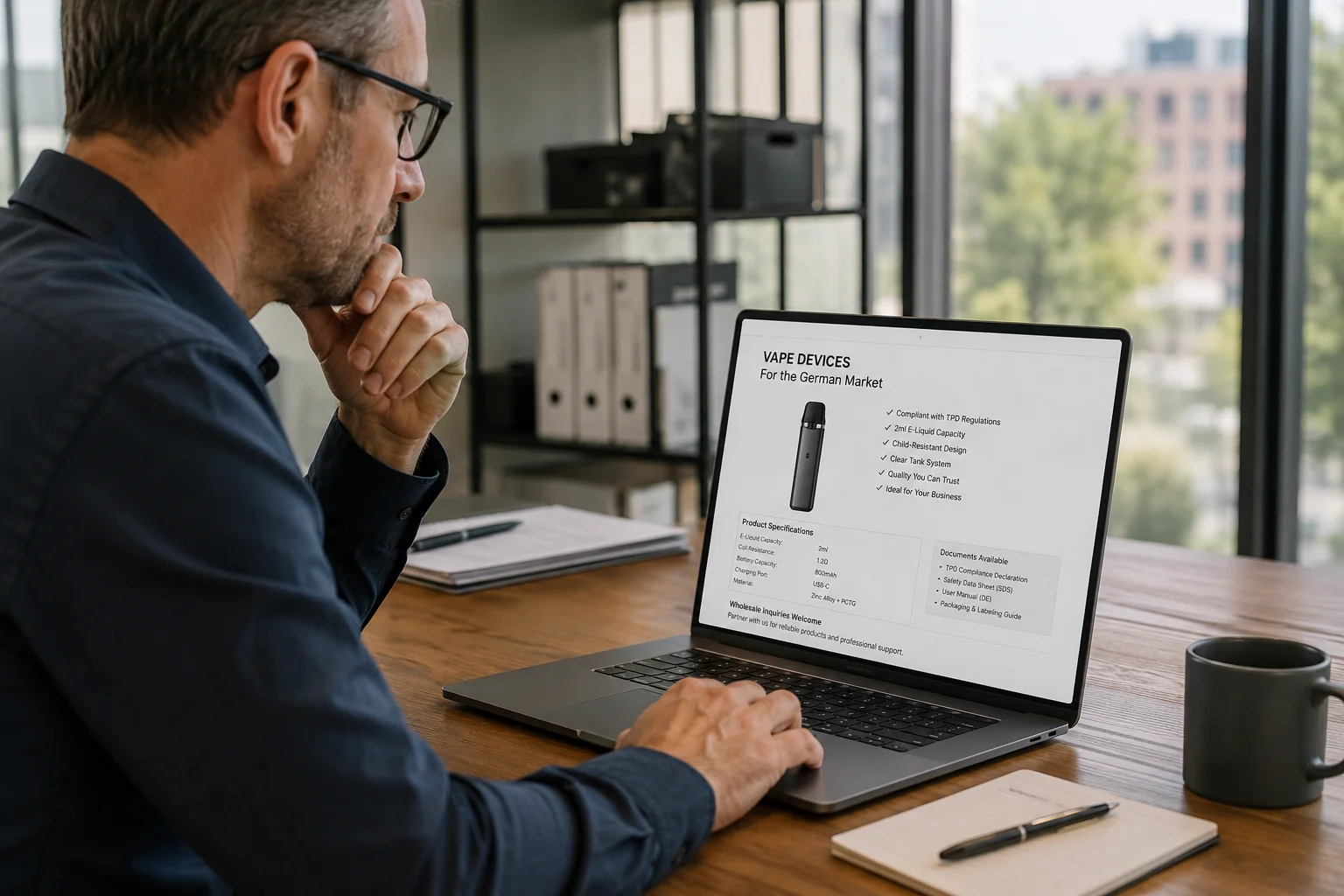Improving Wholesale Buyer Confidence A wholesale buyer looking confidently at a market-specific vape page on a laptop