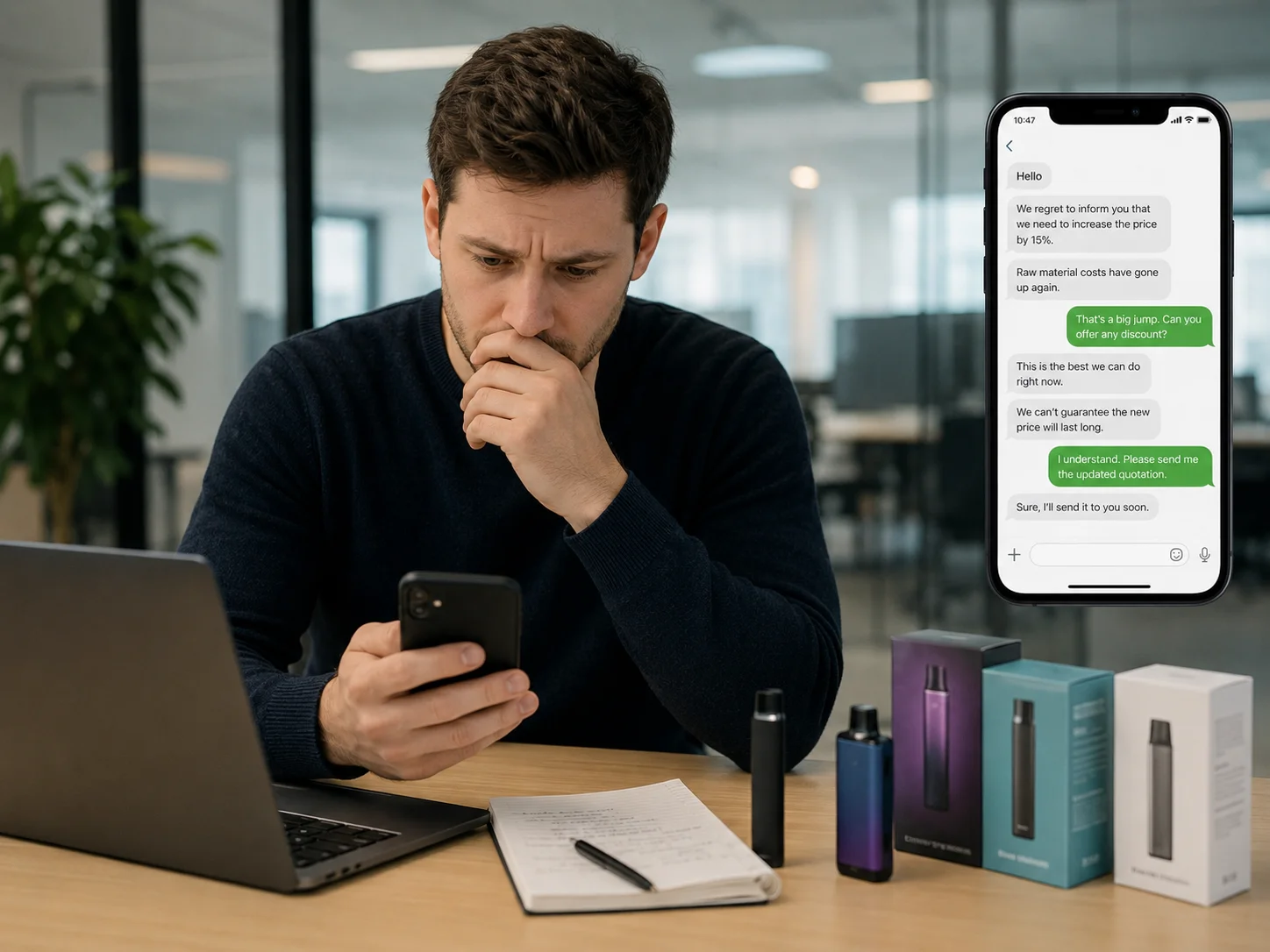 Man seated at a desk reviewing vape products, checking a smartphone for pricing information displayed in a text conversation.