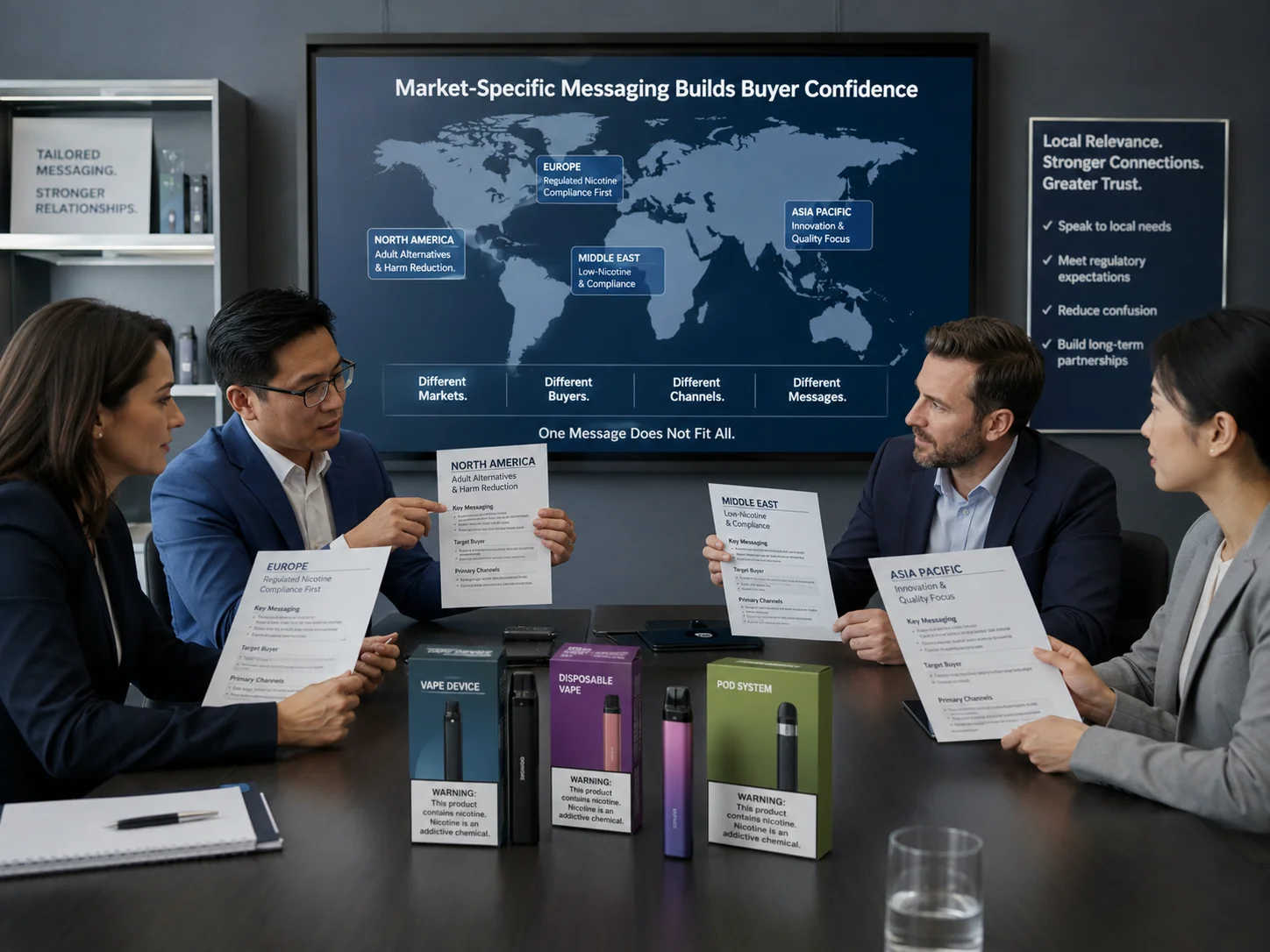 Corporate team discussing market-specific strategies for vape products, seated at a table. Presentation screen displays key messaging for regions.