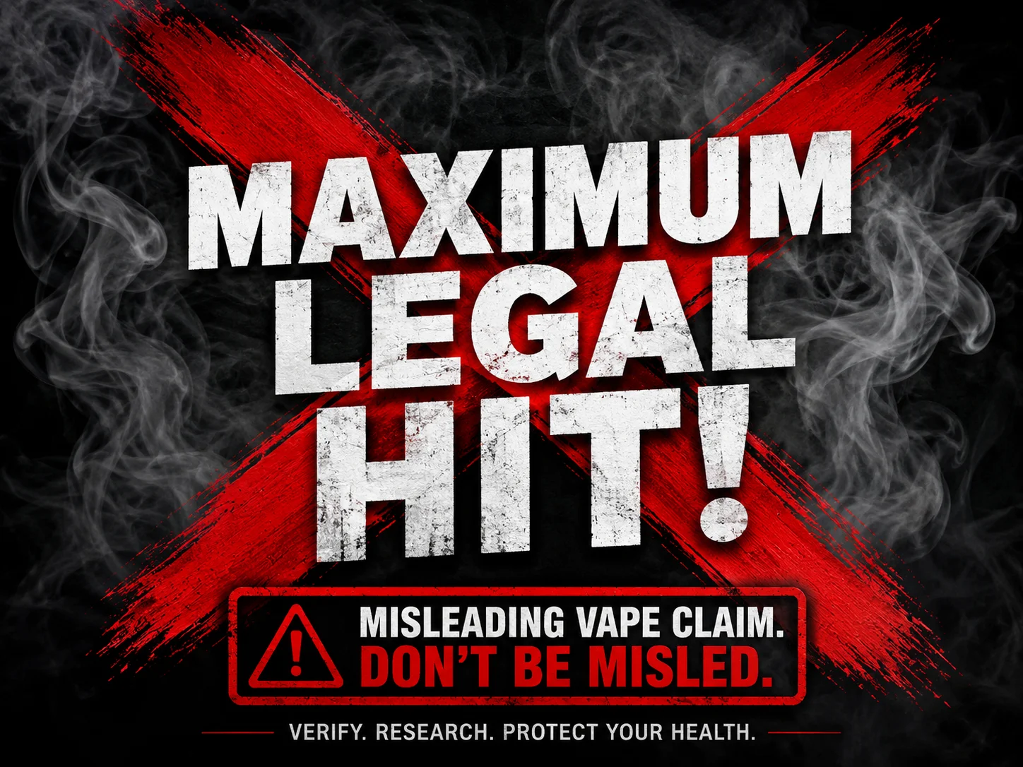 A red "X" over a marketing claim that says "Maximum Legal Hit!"