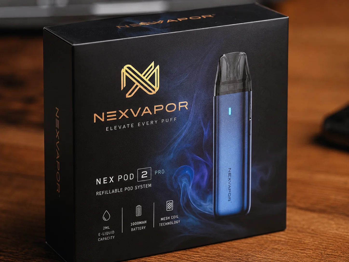 A close-up of a branded vape box showing printing details