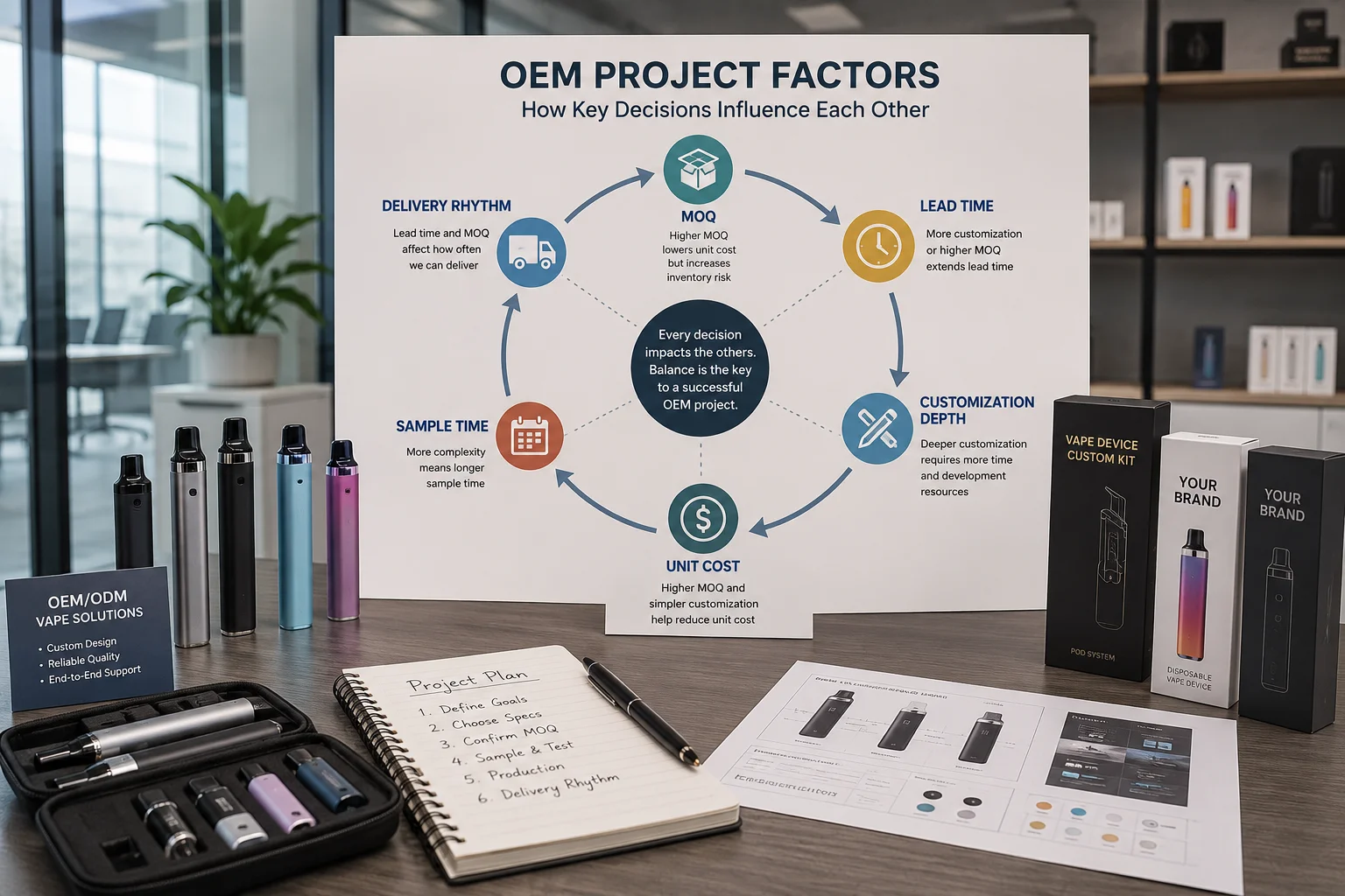 Table showcasing OEM vape project considerations, products, and packaging, alongside written project plan and prototypes.