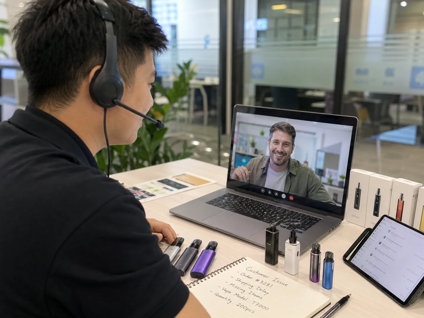 Person wearing headphones in a virtual meeting on a laptop, discussing vape products with visible devices, boxes, and notes on the desk.