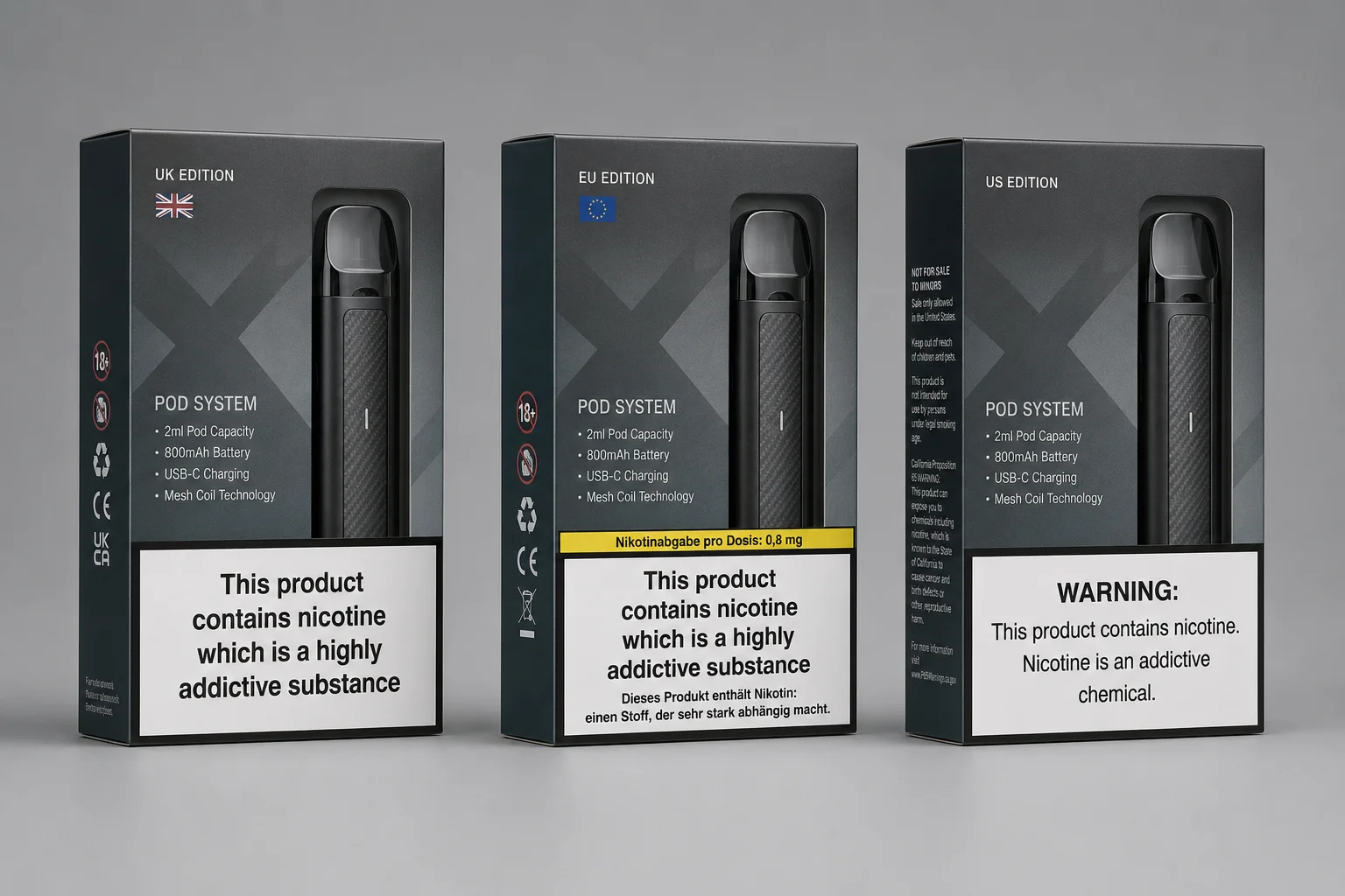 Vape Packaging Differences by Market An image showing different packaging for the same vape product for UK, EU, and US markets