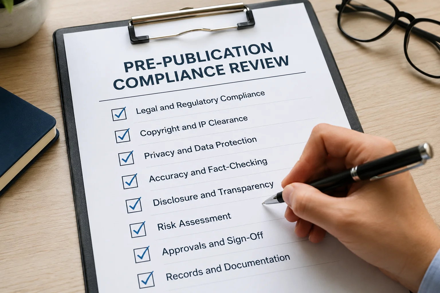 Pre-Publication Compliance Checklist A checklist on a clipboard with a pen ticking off the items