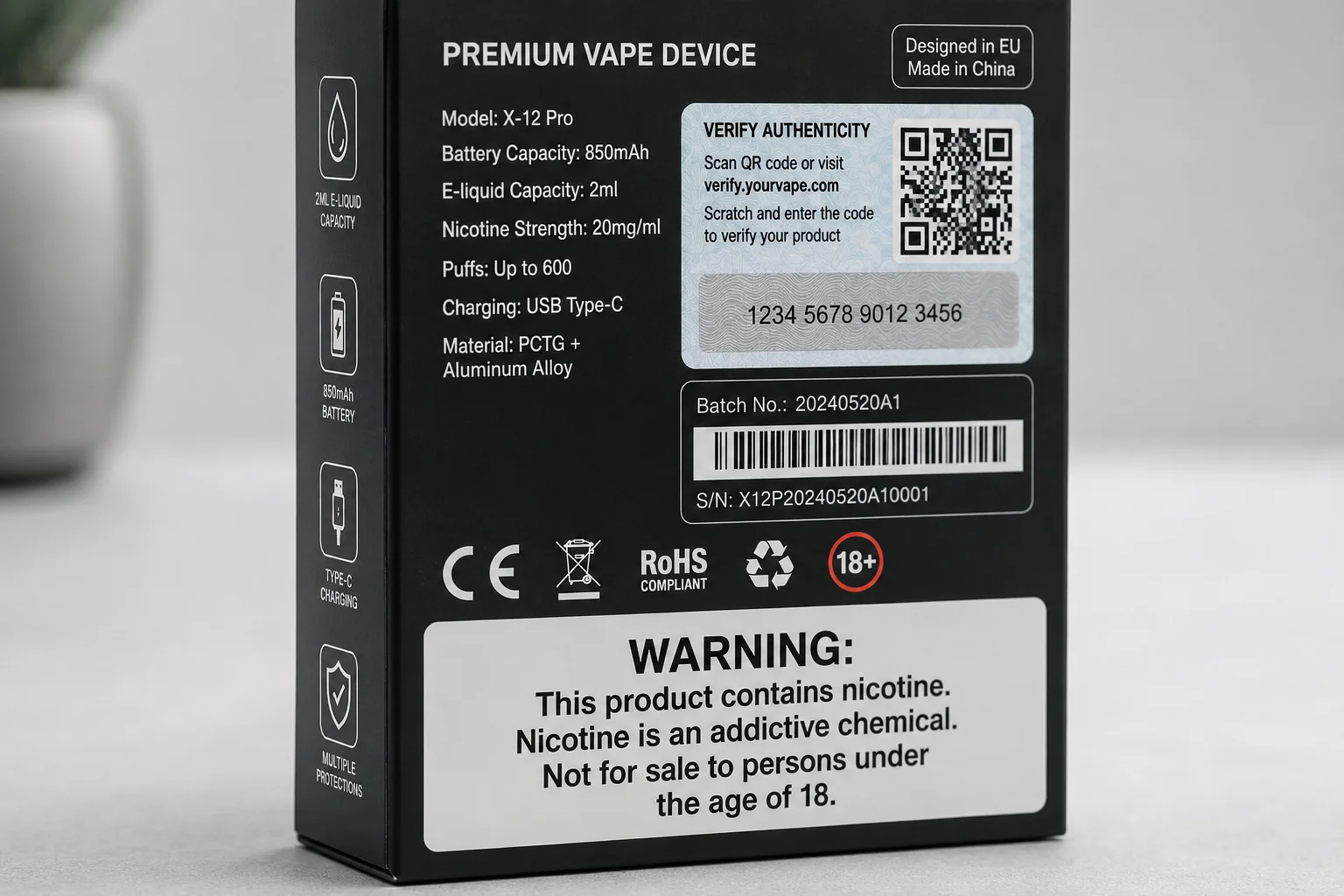 A close-up of a vape product's packaging showing security codes and compliance labels