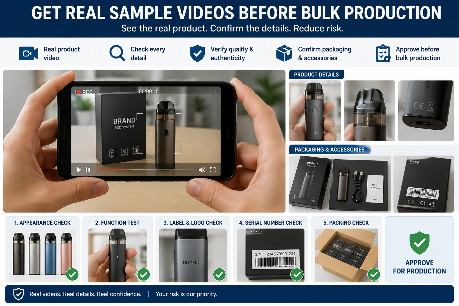 A smartphone screen showing a video recording of a pod vape next to its branded packaging. Quality checks are listed below, including appearance, functionality, and packaging verification.