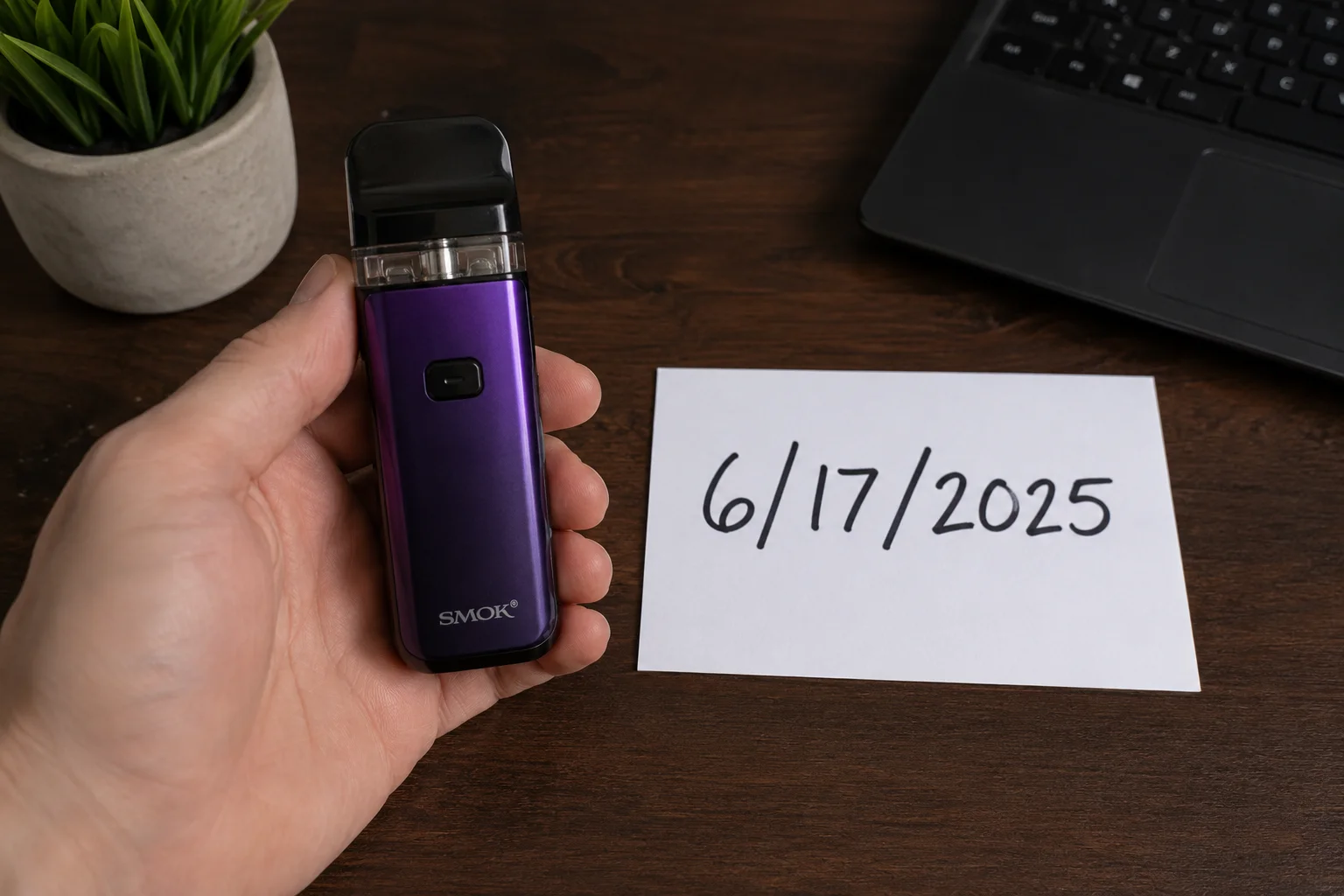 A hand holding a vape product next to a note with today's date