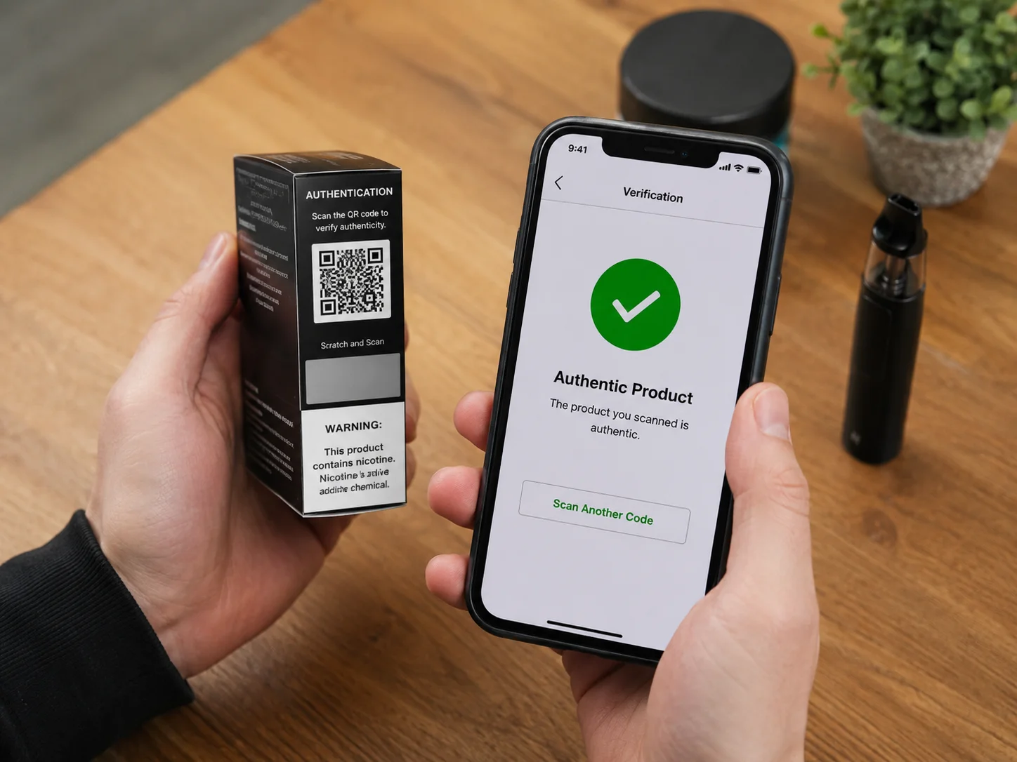 Verifying Vape Authenticity A person using their smartphone to scan a QR code on a vape product's packaging