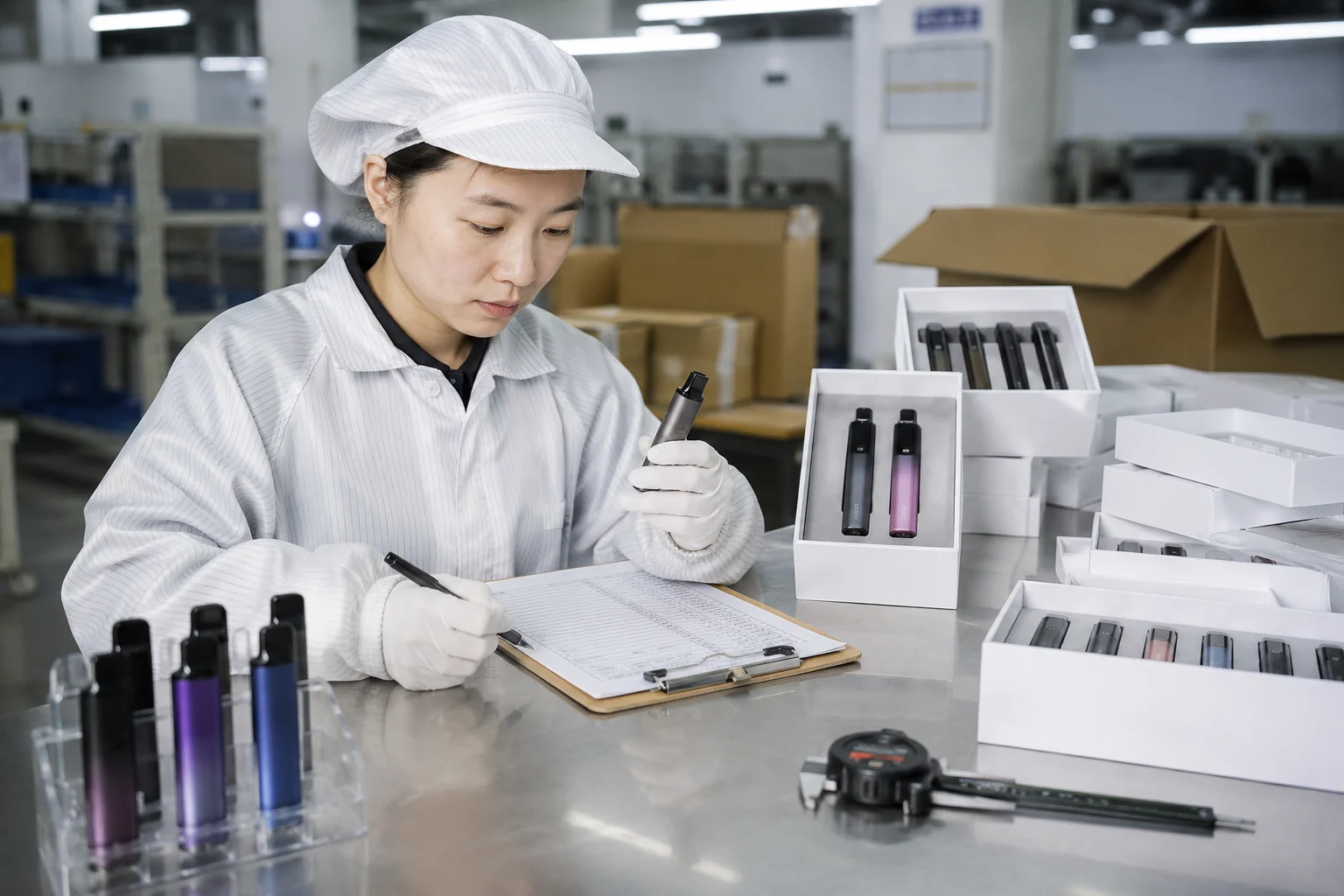 Worker performing quality control on vapes in a manufacturing facility, with vape products, clipboard, and precision tools on the table.