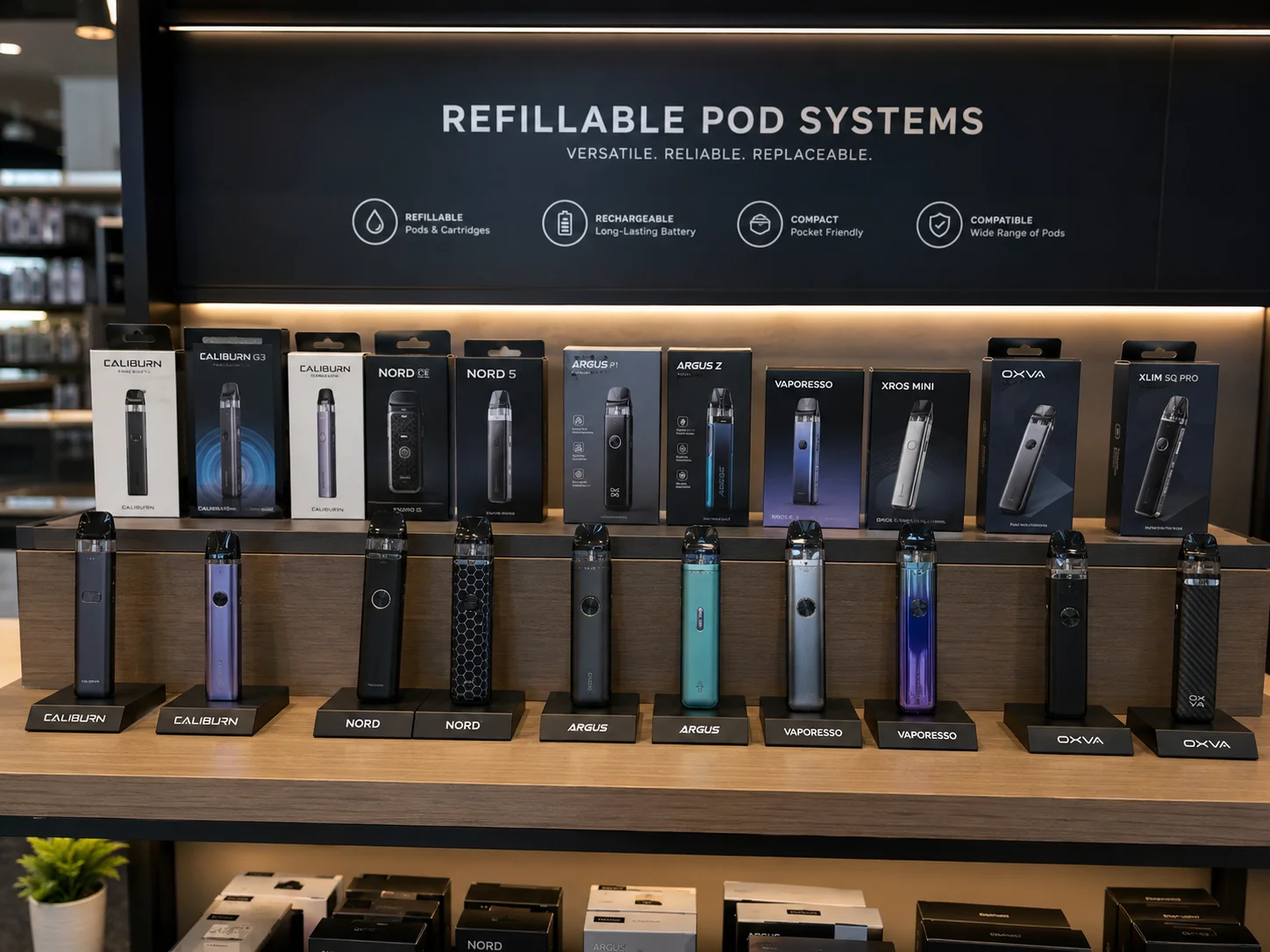A display of various refillable pod systems and starter kits