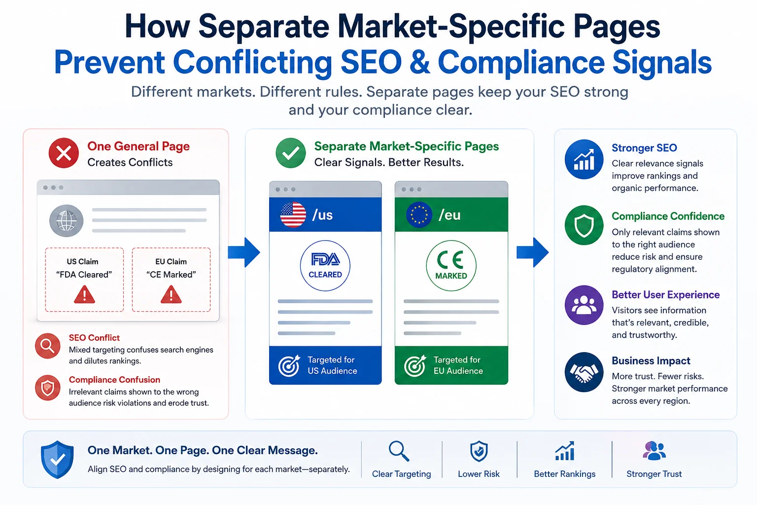 Avoiding SEO and Compliance Conflicts An infographic showing how separate pages prevent conflicting SEO signals