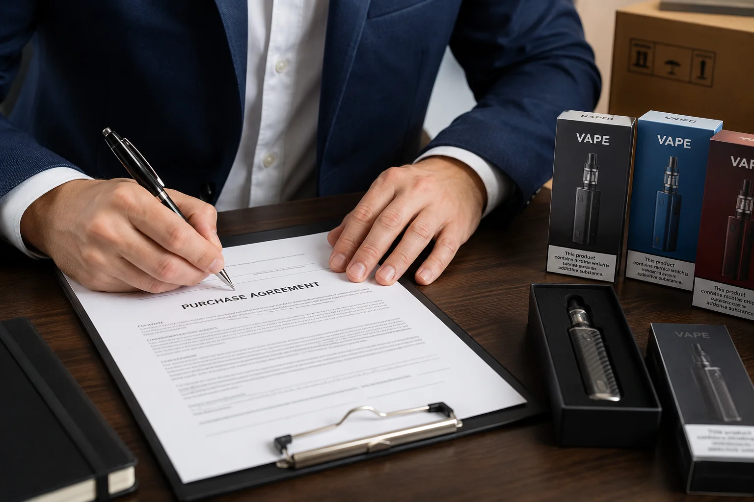 A person signing a detailed purchase contract