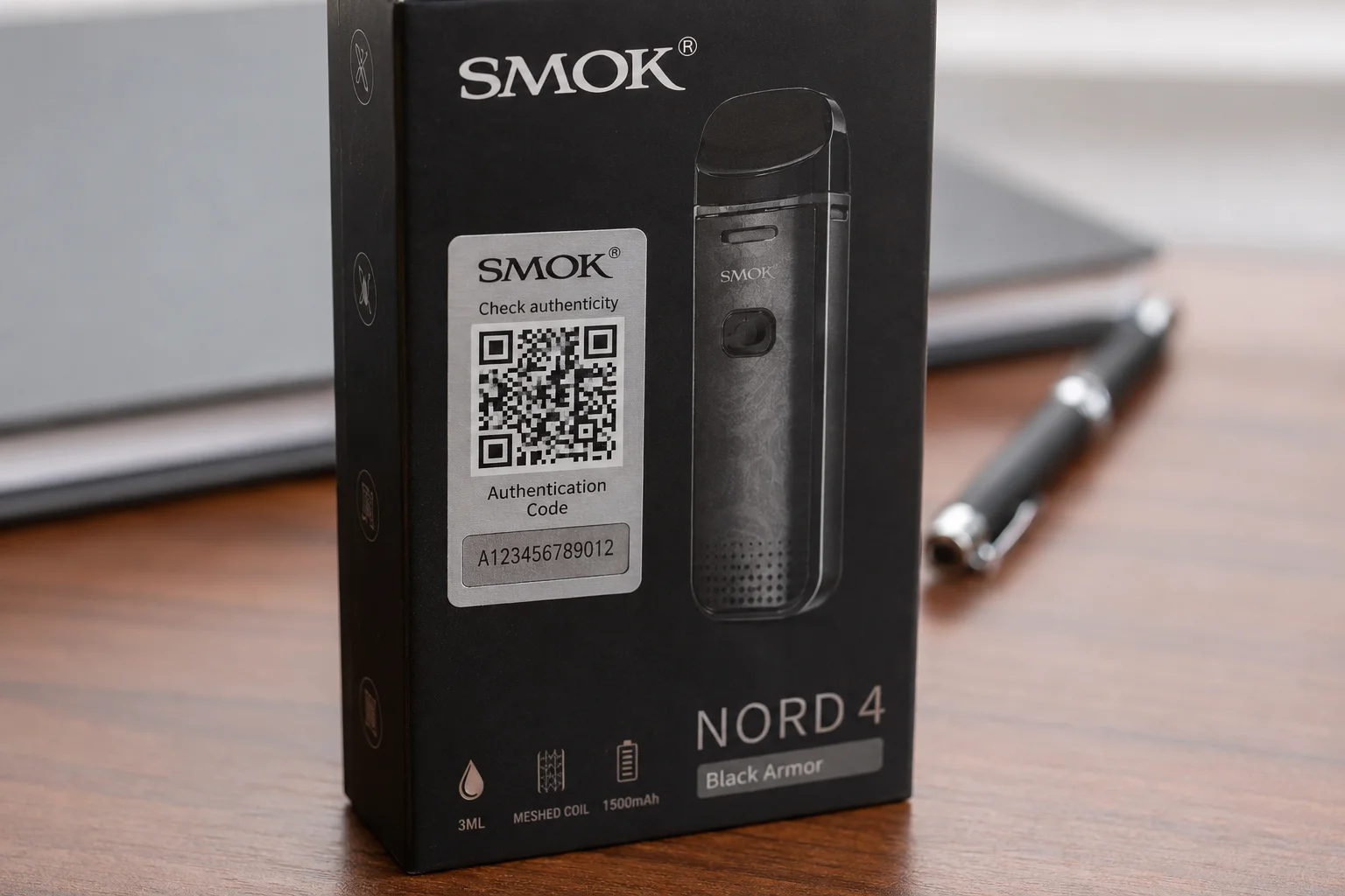 A close-up of a vape device's packaging showing authentication codes