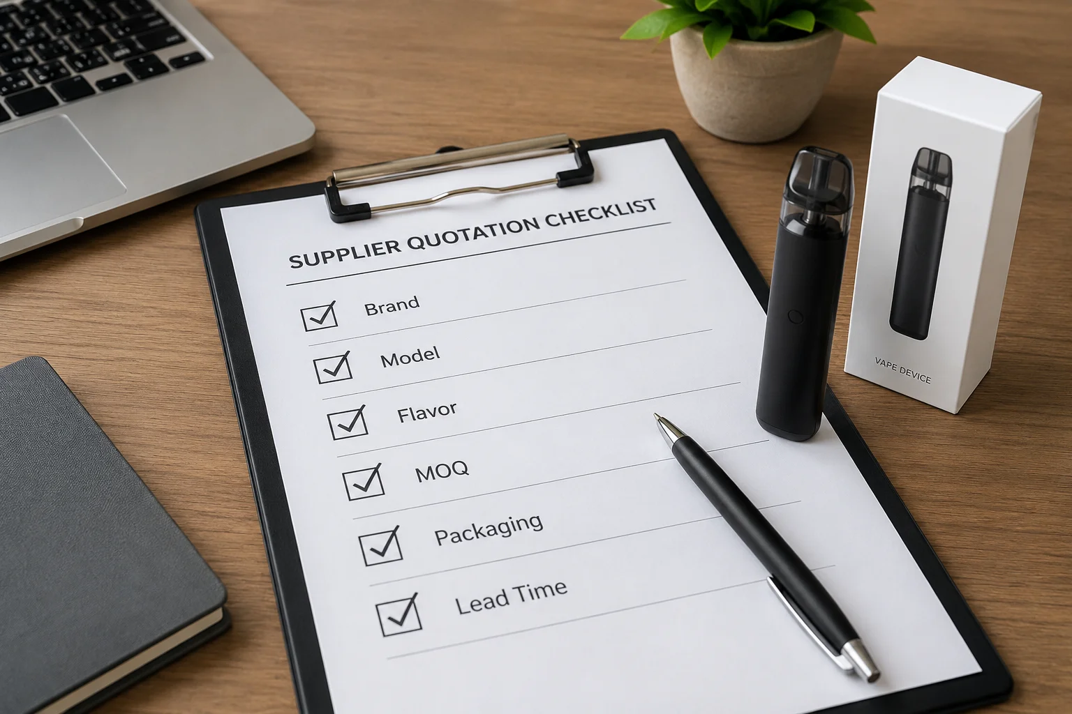 Vape Supplier Quotation Checklist A checklist with items like brand, model, flavor, and MOQ being ticked off.