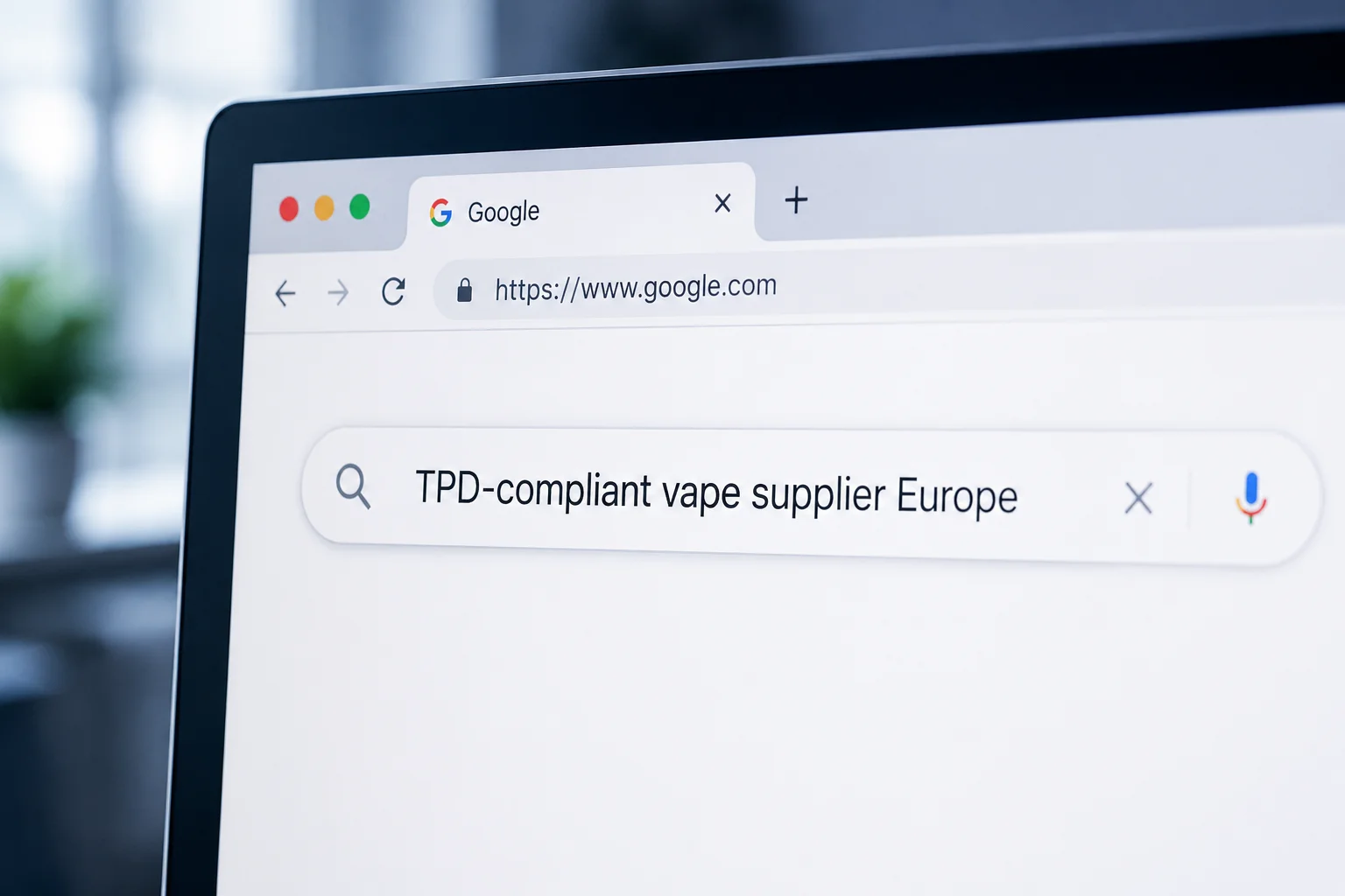 Local Search Intent for Vapes A search bar showing the query "TPD-compliant vape supplier Europe"