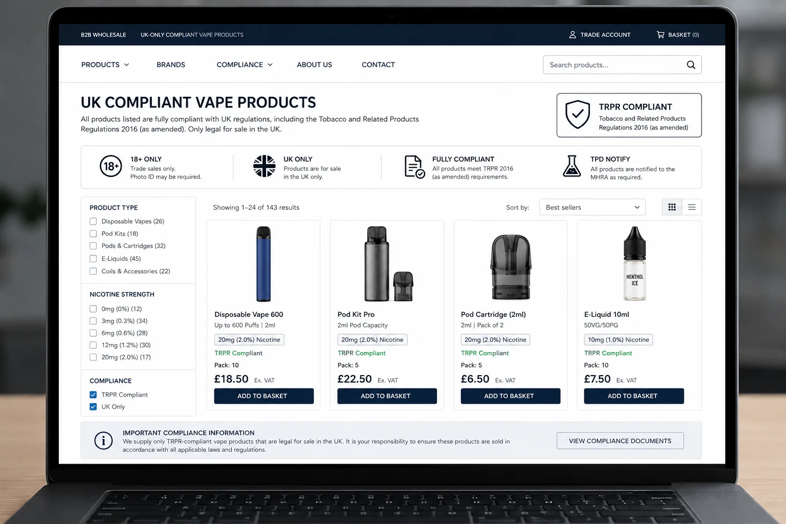 Displaying Market-Specific Vape SKUs A product page showing only UK-compliant vape products with TRPR information