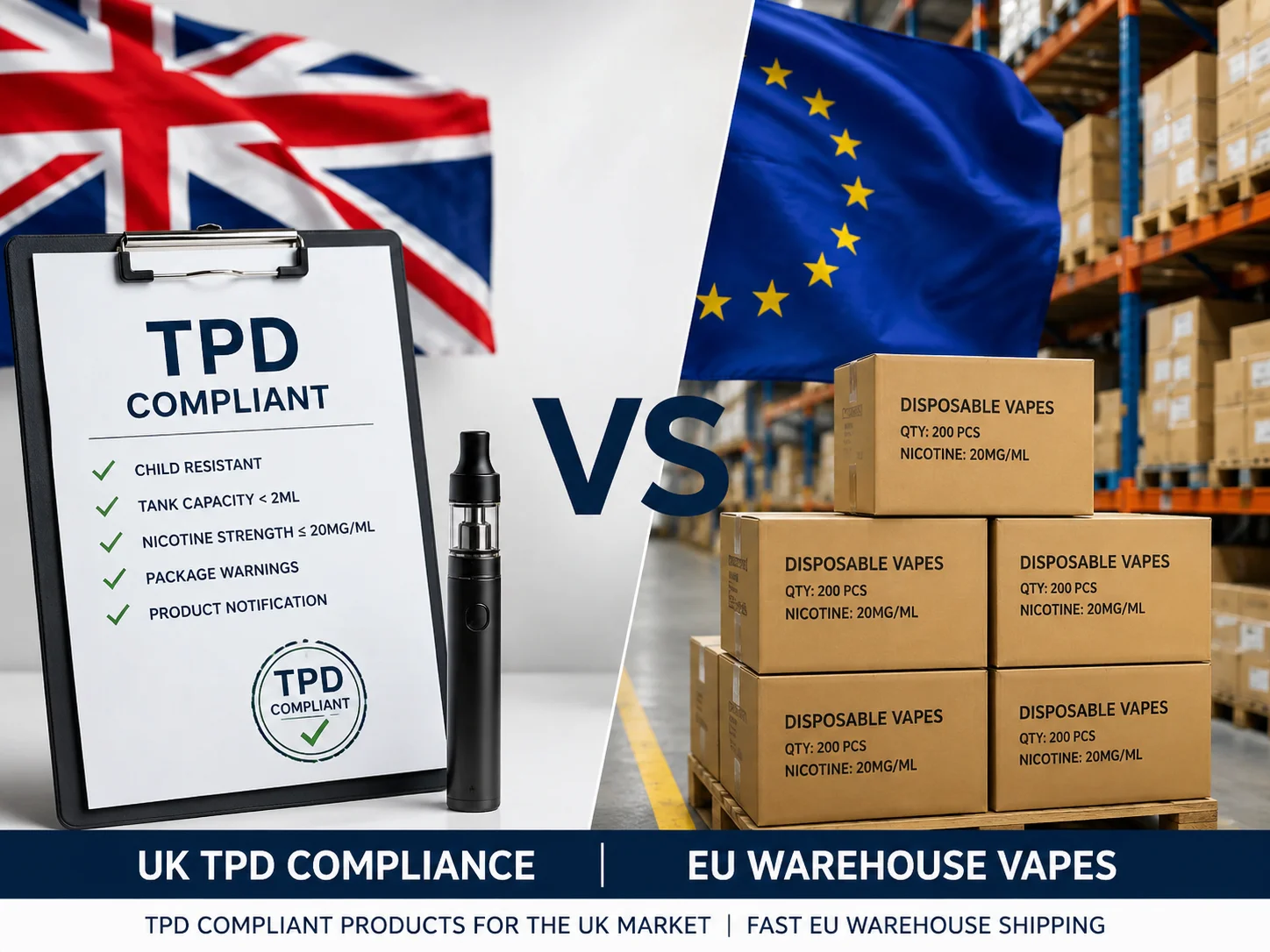 UK TPD vs EU Warehouse Vapes A split image showing a UK flag with a TPD logo and an EU flag with a warehouse icon