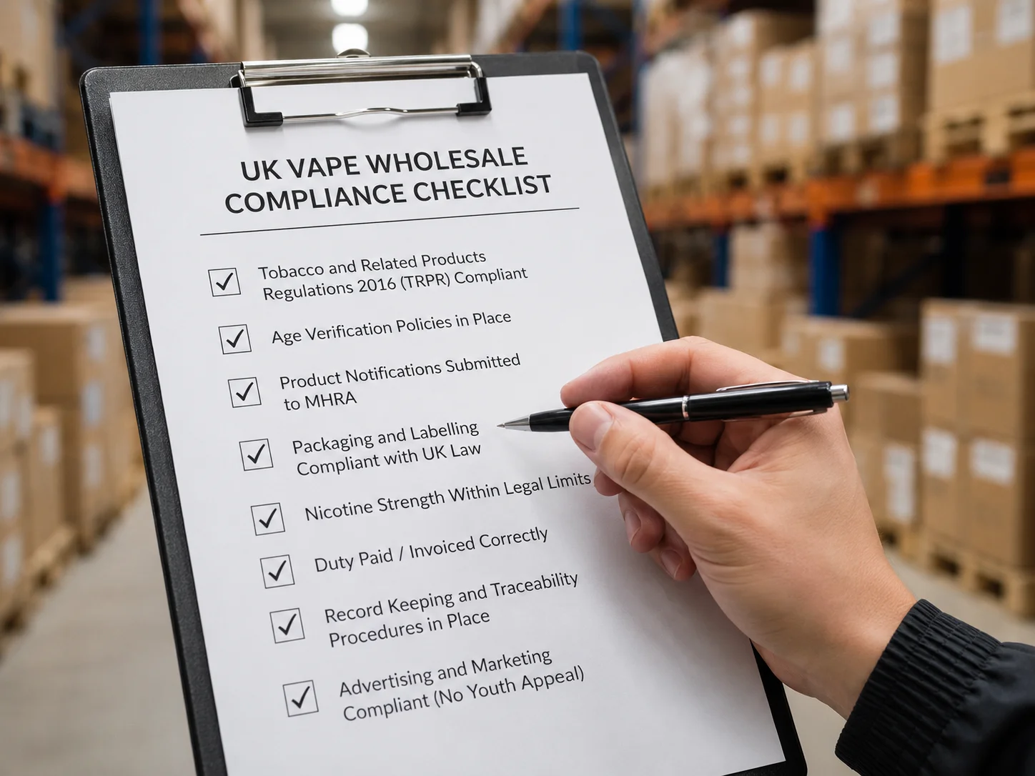 A checklist on a clipboard being ticked off in a warehouse setting