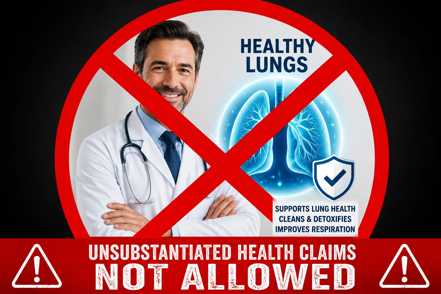 A warning graphic with a doctor crossed out in red, healthy lungs illustration, and text cautioning against unsubstantiated health claims.