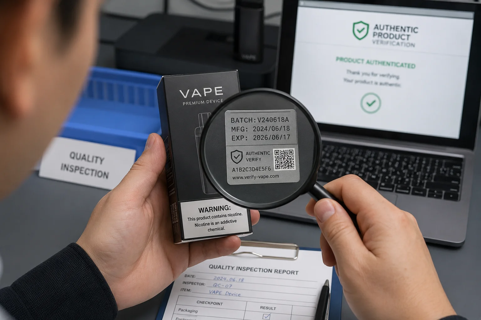 Person inspecting a vape product box using a magnifying glass to verify batch and manufacturing details, with quality inspection report and product authentication screen in the background.