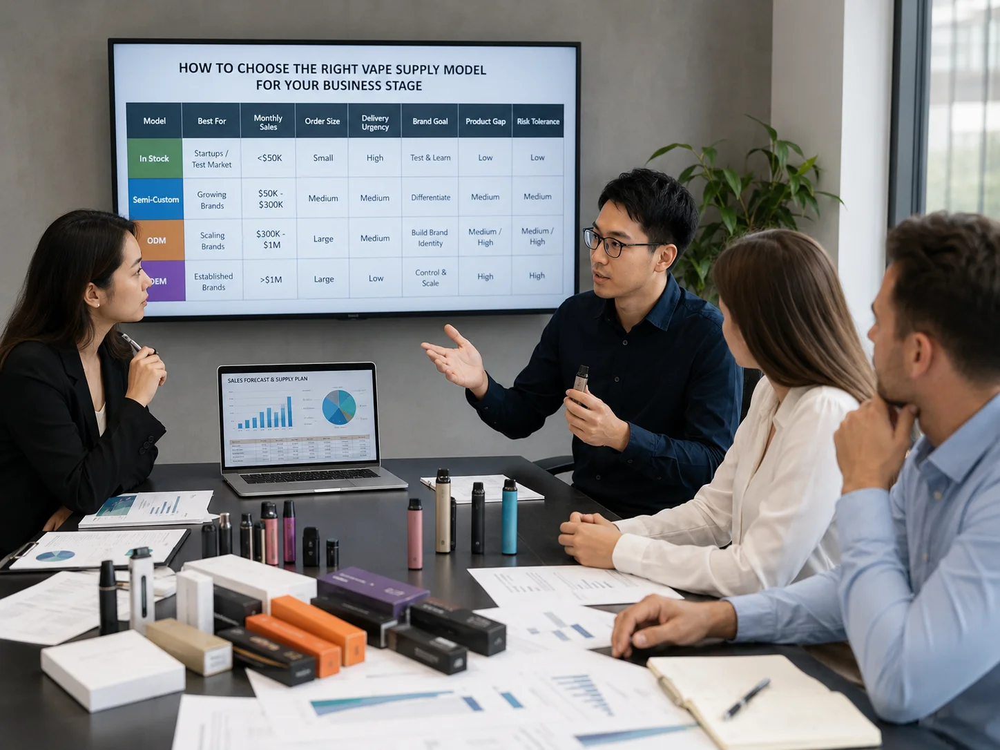 Group of professionals analyzing vape supply models and market plan in a business meeting. Presentation screen shows strategy details.
